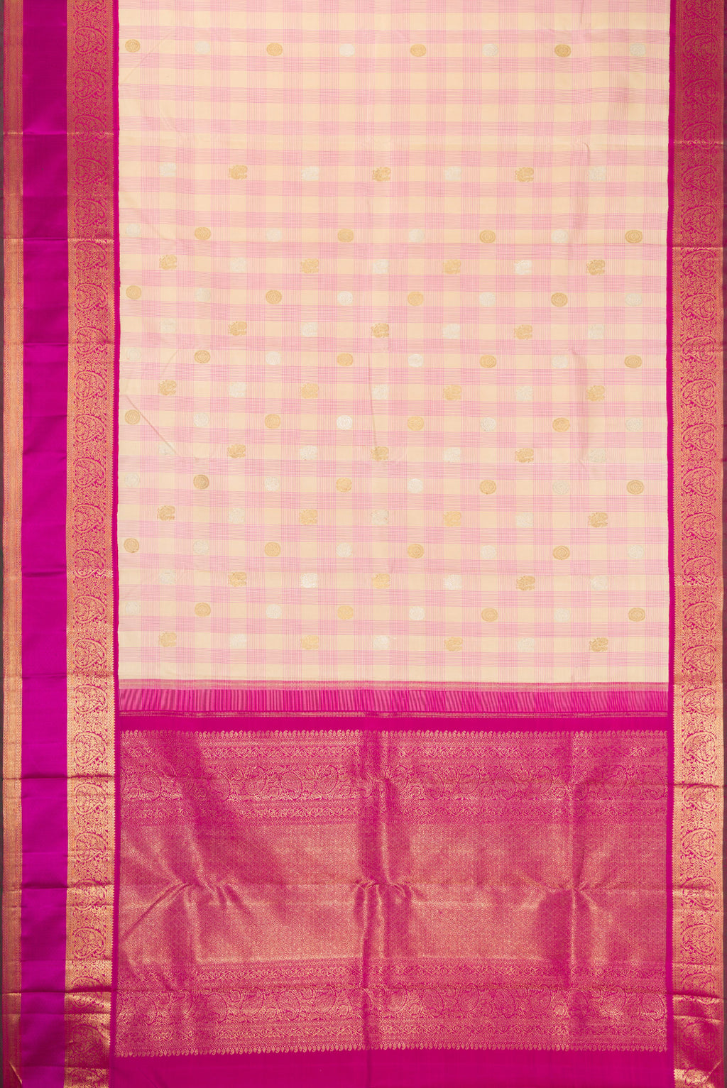 Flat view of Pure Silk Pure Zari Sandal Dual Tone Kanchipuram Saree with Checked design on the body and Zari Border. 