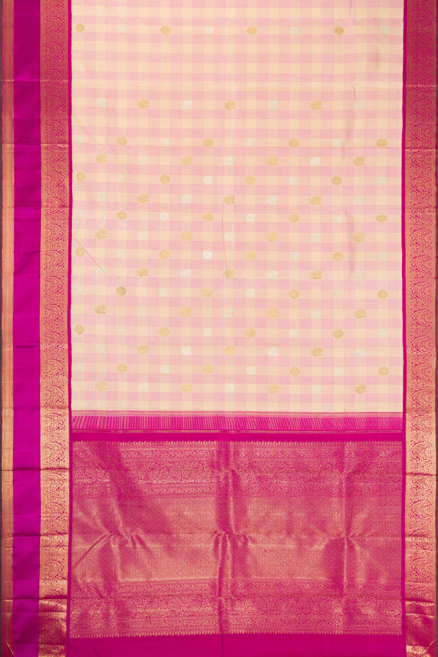 Flat view of Pure Silk Pure Zari Sandal Dual Tone Kanchipuram Saree with Checked design on the body and Zari Border. 