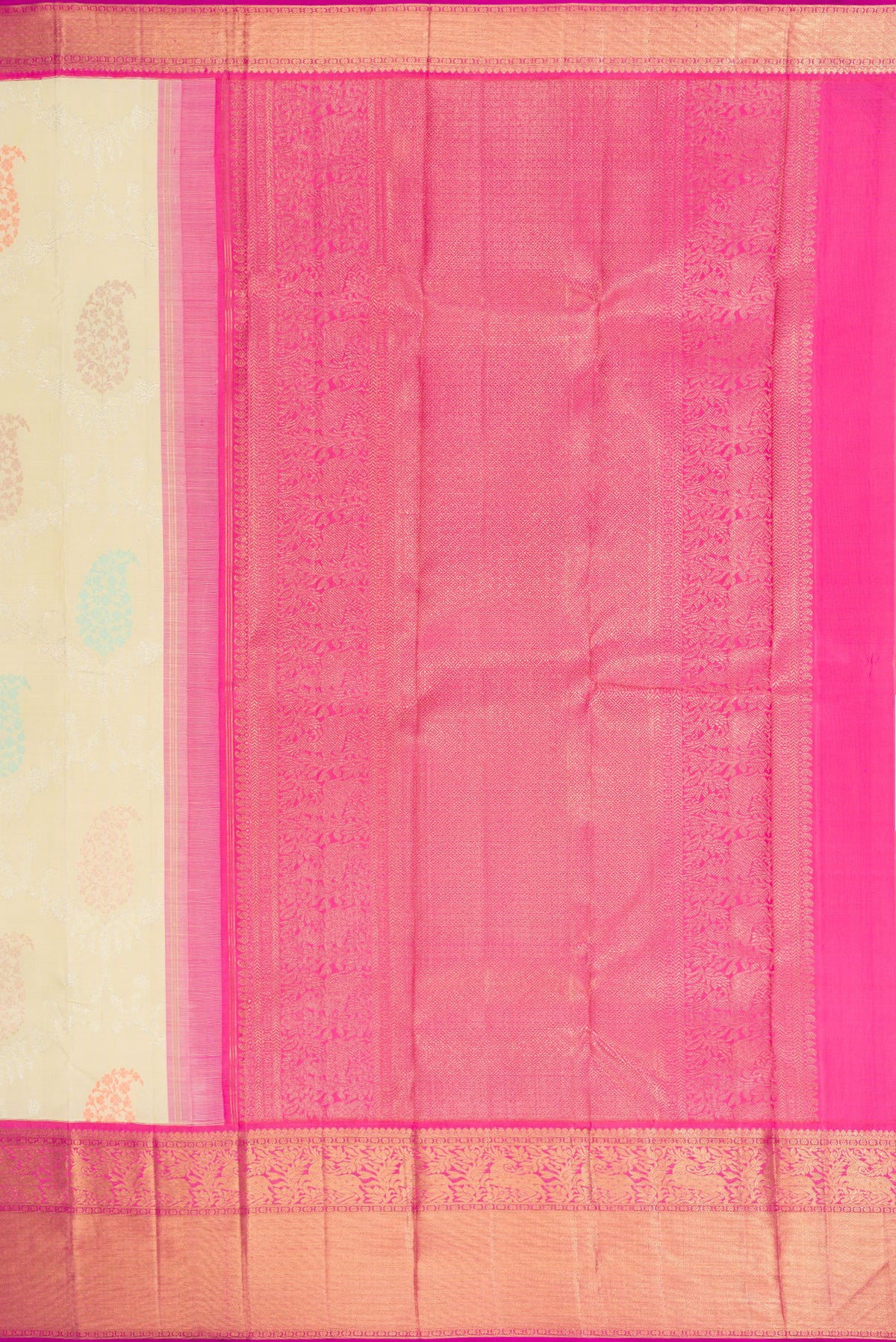Close up image of the pallu of Pure Silk Pure Zari Pista Green Dual Tone Kanjivaram Saree with Zari Brocade on the body and Zari Border. 