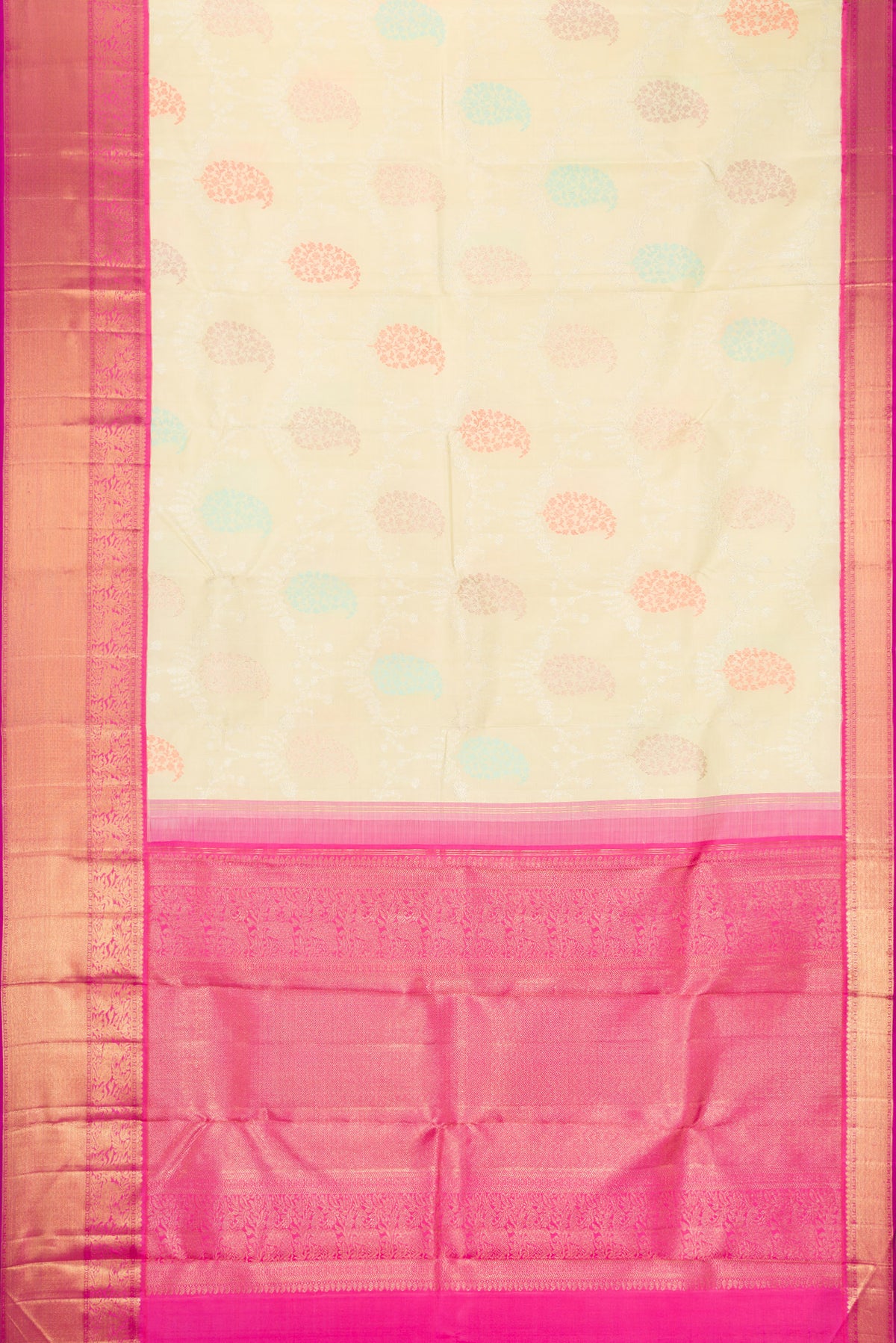 Flat view of Pure Silk Pure Zari Pista Green Dual Tone Kanjivaram Saree with Zari Brocade on the body and Zari Border. 