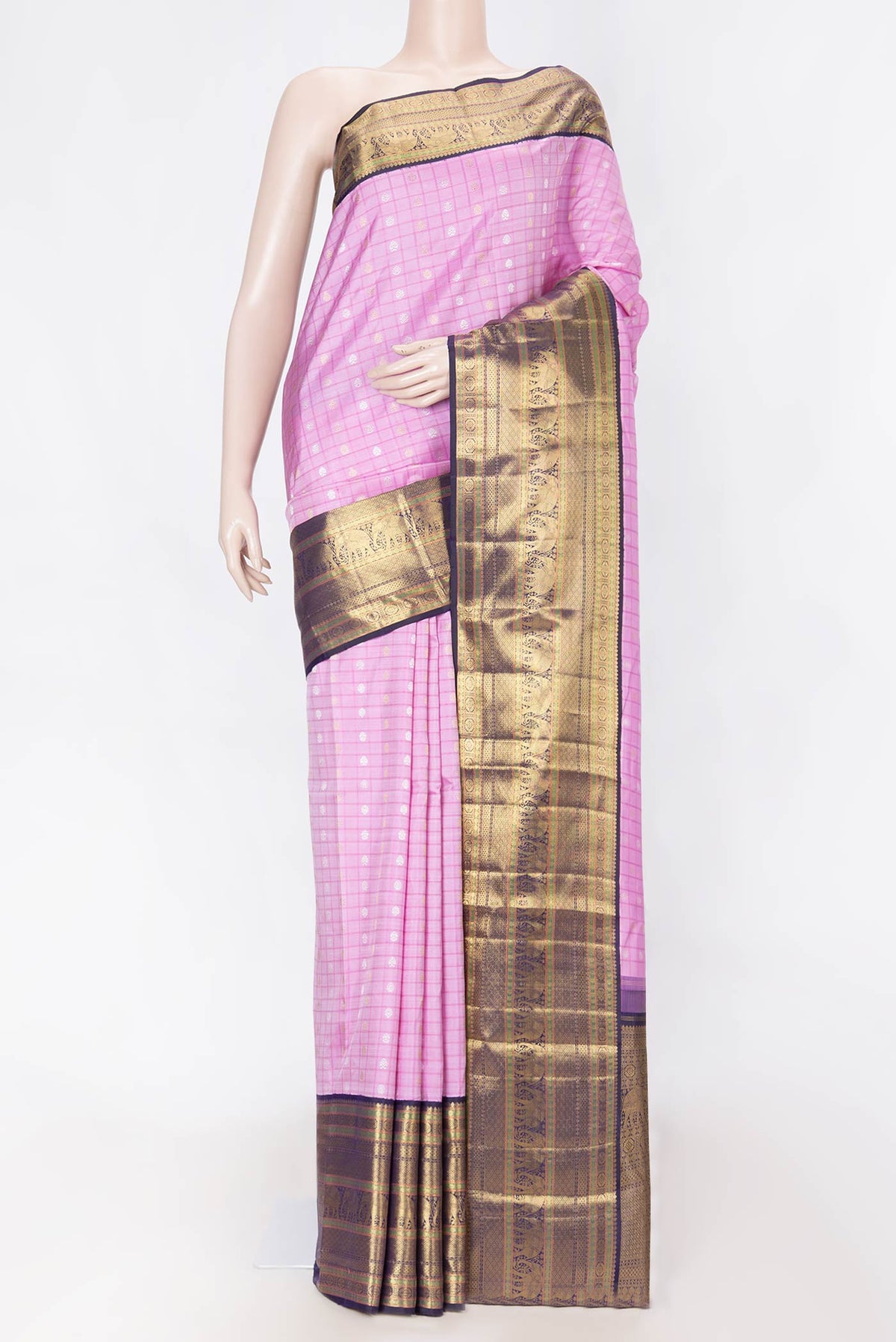 Pure Silk Pure Zari Pink Dual Tone Kanchipuram Saree Checked design on the body and Zari Border displayed on a mannequin