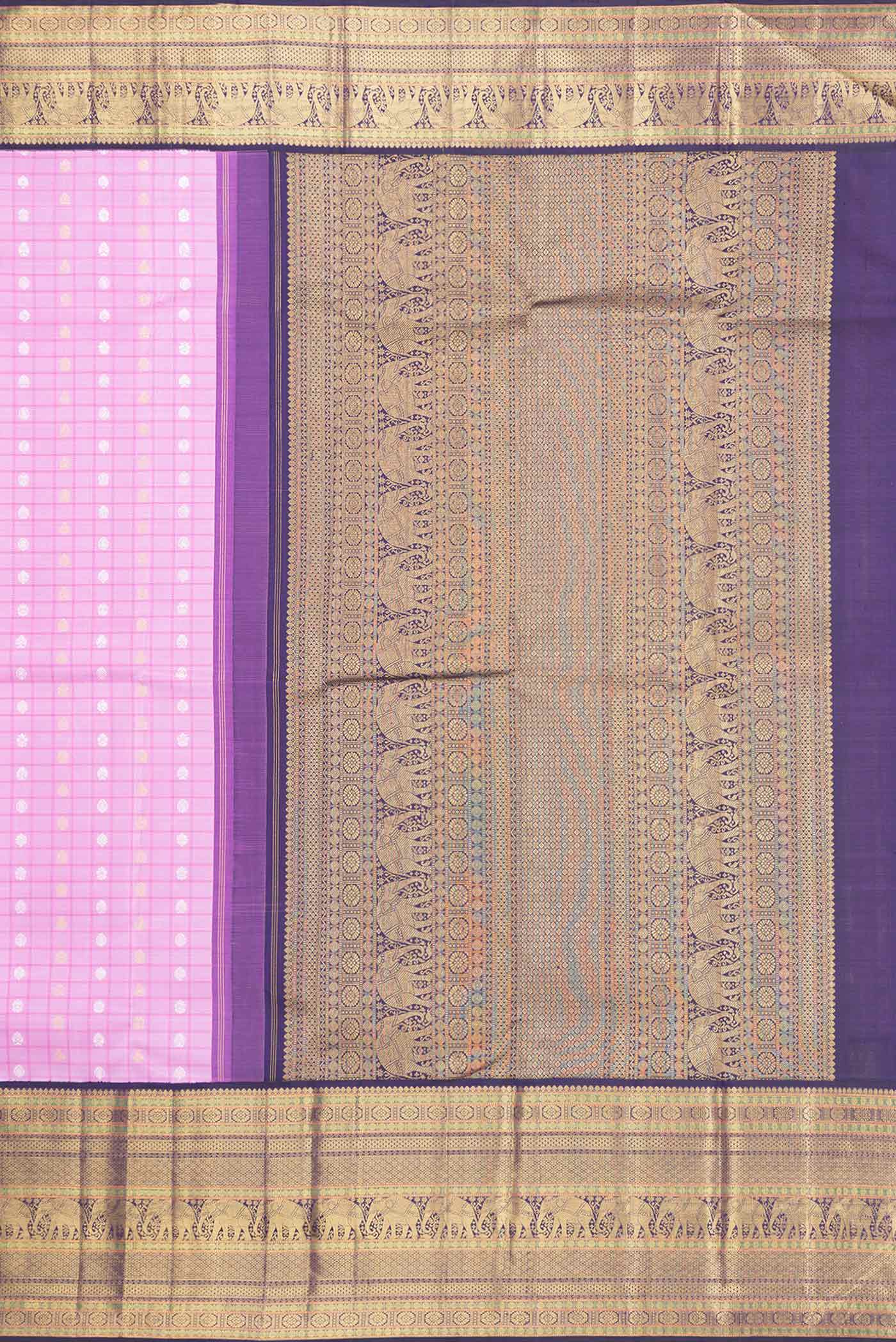 Close up image of the pallu of Pure Silk Pure Zari Pink Dual Tone Kanchipuram Saree Checked design on the body and Zari Border