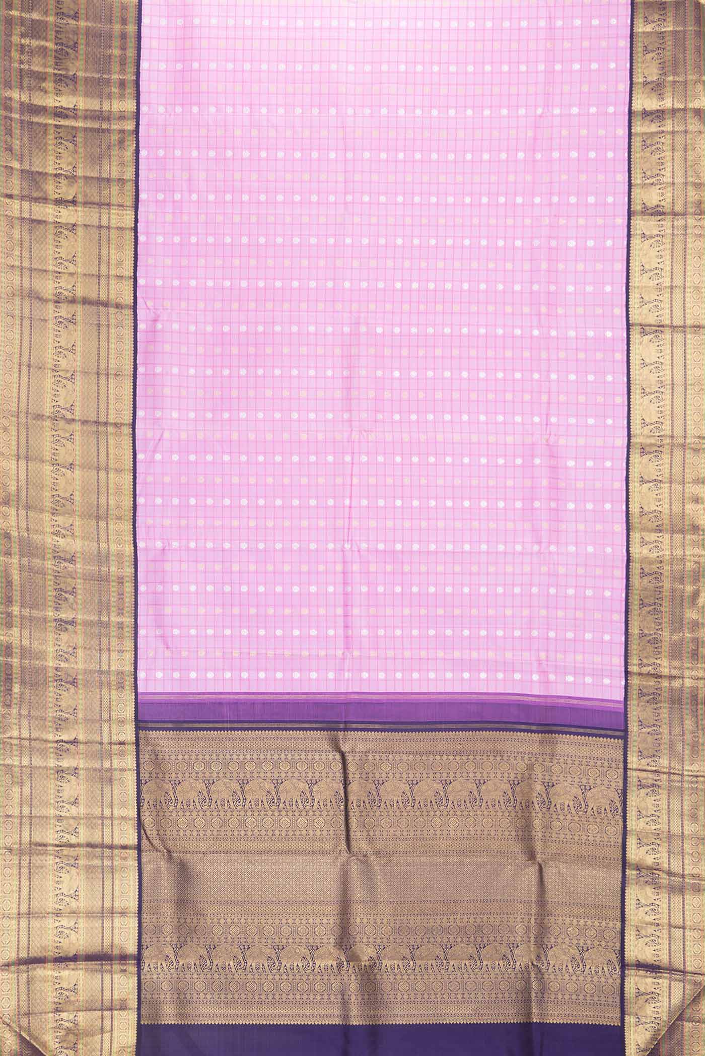 Flat view of Pure Silk Pure Zari Pink Dual Tone Kanchipuram Saree Checked design on the body and Zari Border