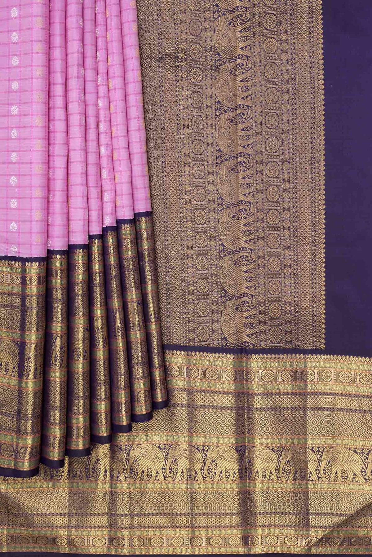 Pleats and pallu of Pure Silk Pure Zari Pink Dual Tone Kanchipuram Saree Checked design on the body and Zari Border
