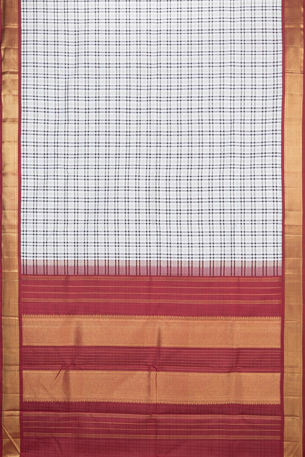 Flat view of Pure Silk Pure Zari Off White Kanchipuram Saree with Checked design on the body and Zari Border. 