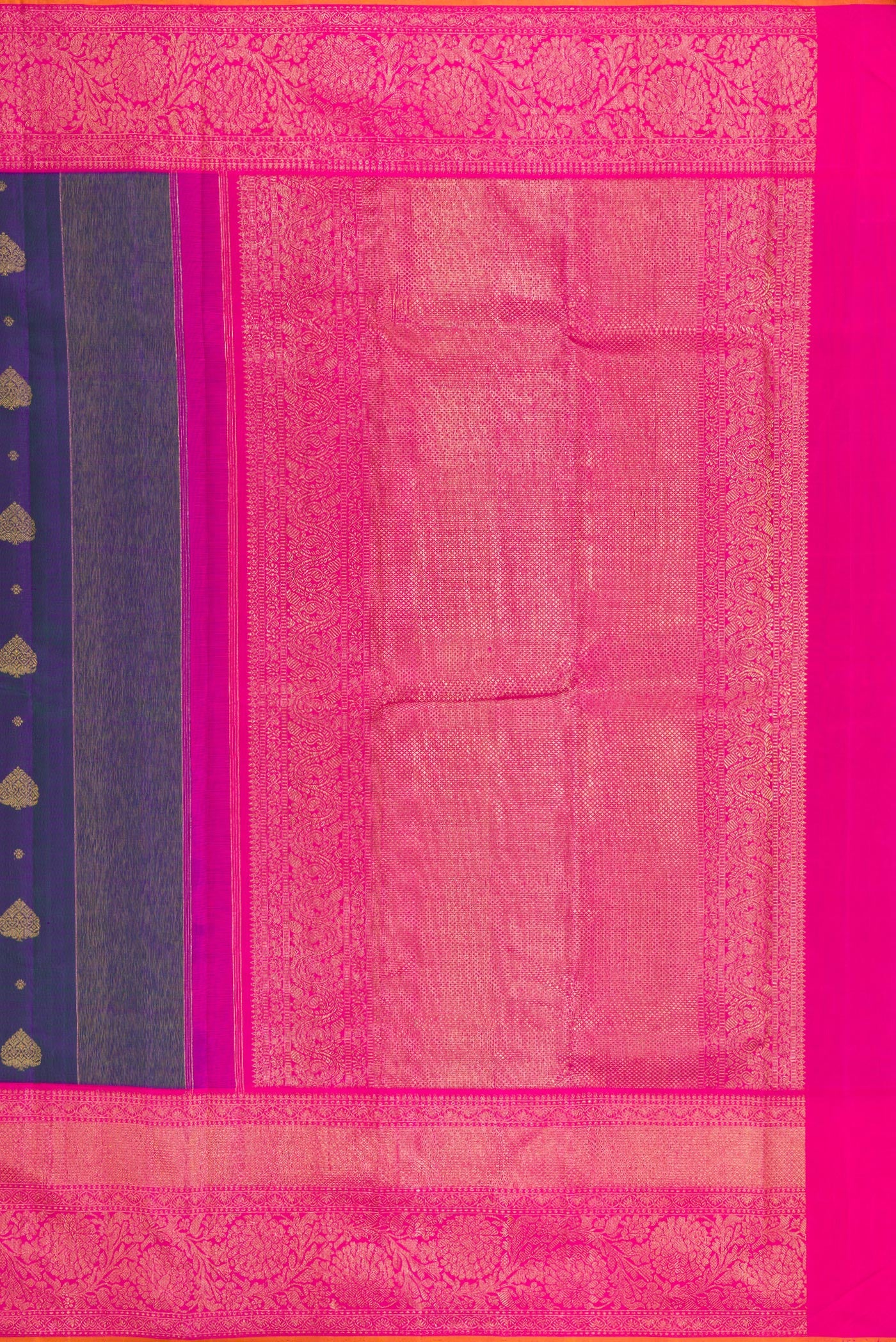 Close up image of the pallu of Pure Silk Pure Zari Peacock Blue Dual Tone Kanjivaram Saree with Zari Butta on the body and Fancy Border. 