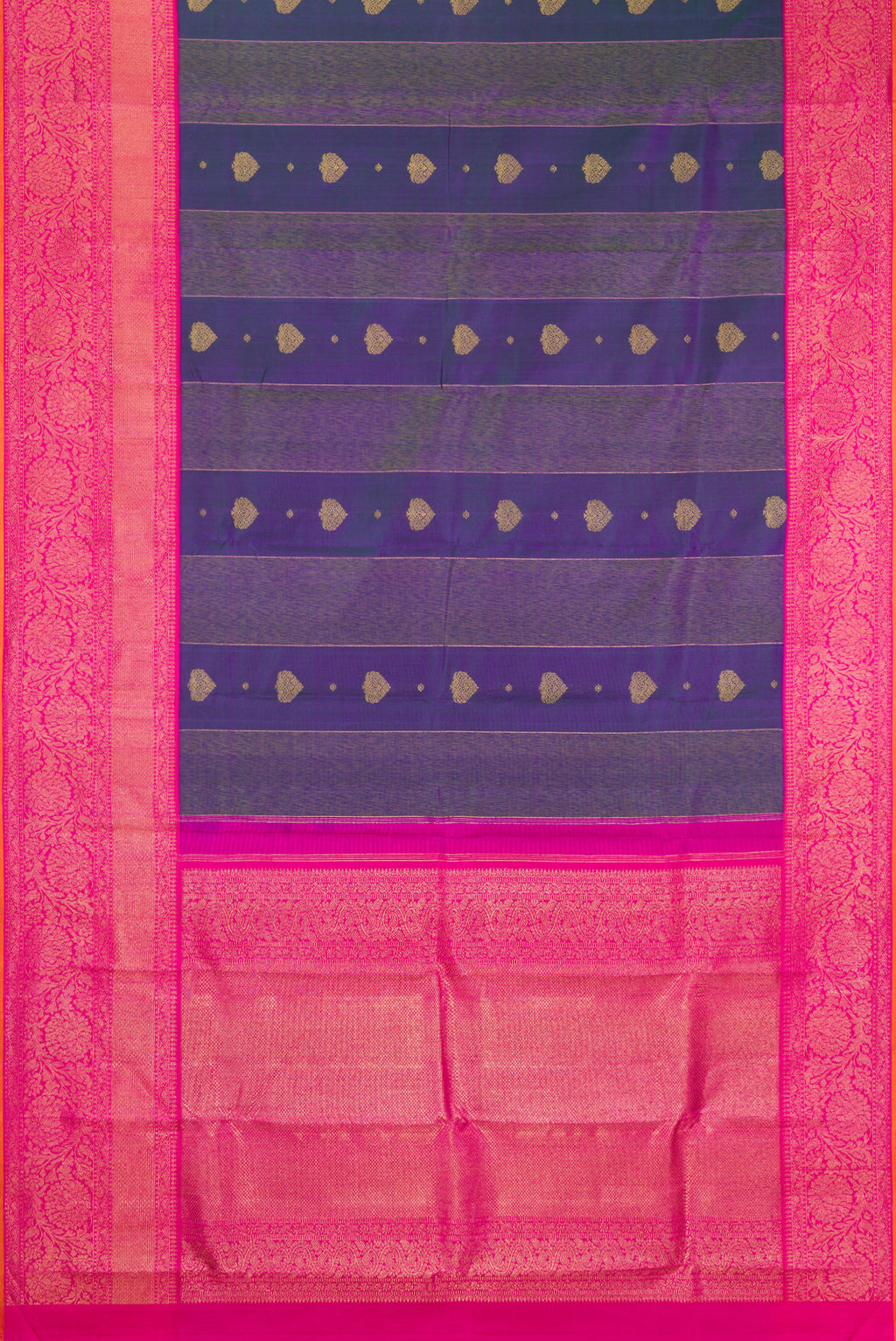 Flat view of Pure Silk Pure Zari Peacock Blue Dual Tone Kanjivaram Saree with Zari Butta on the body and Fancy Border. 