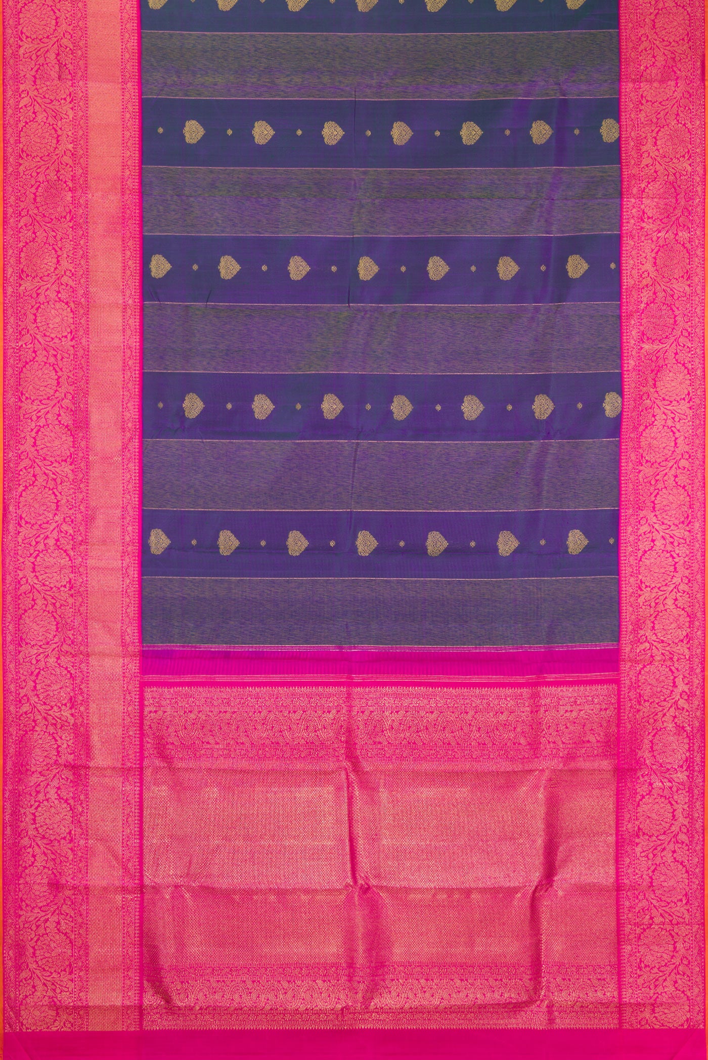 Flat view of Pure Silk Pure Zari Peacock Blue Dual Tone Kanjivaram Saree with Zari Butta on the body and Fancy Border. 
