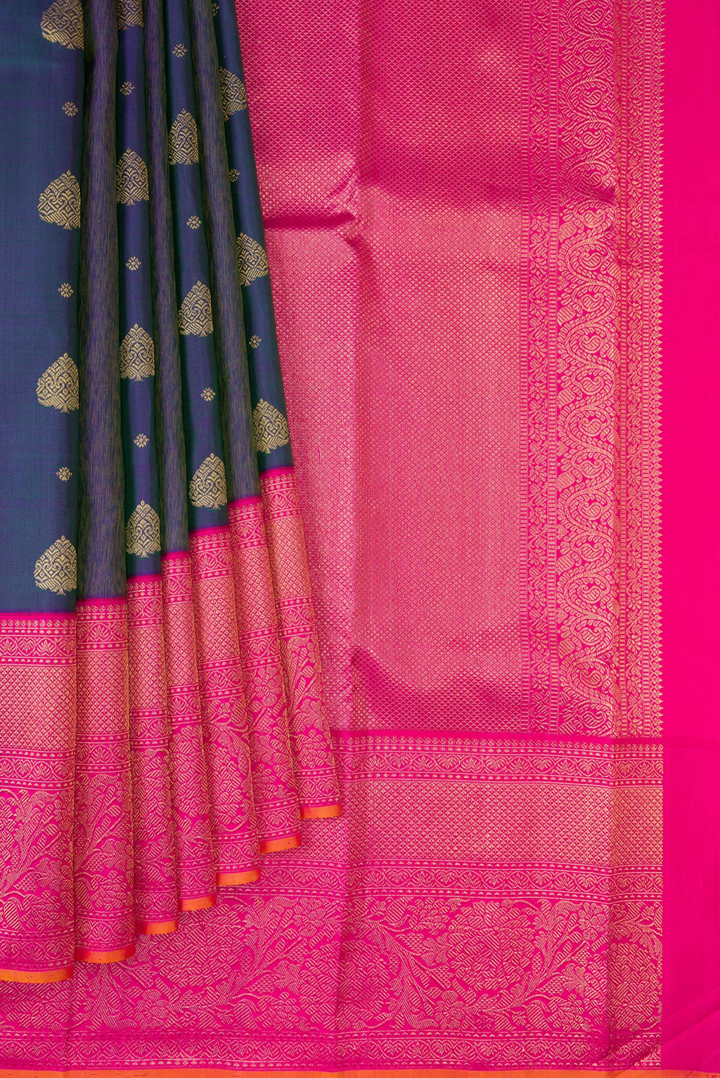 Pleats and pallu of Pure Silk Pure Zari Peacock Blue Dual Tone Kanjivaram Saree with Zari Butta on the body and Fancy Border. 