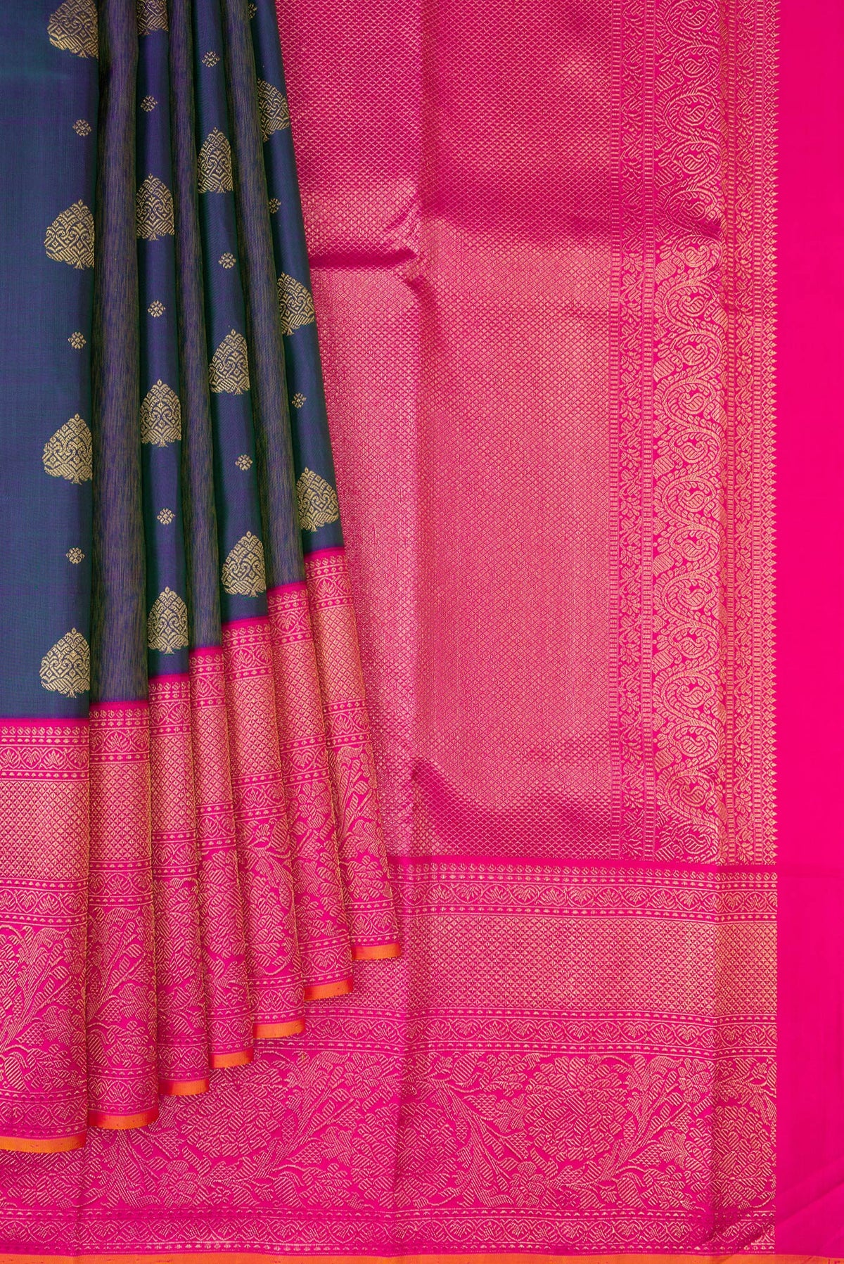 Pleats and pallu of Pure Silk Pure Zari Peacock Blue Dual Tone Kanjivaram Saree with Zari Butta on the body and Fancy Border. 