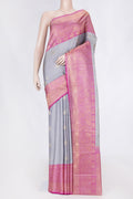 Pure Silk Pure Zari Grey Dual Tone Kanchipuram Saree with Zari Butta on the body and Zari Border displayed on a mannequin