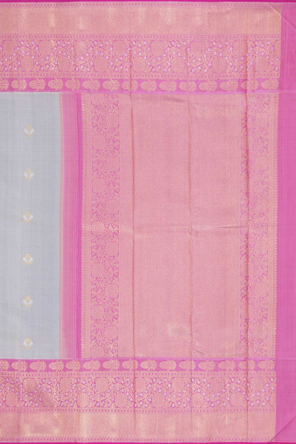 Close up image of the pallu of Pure Silk Pure Zari Grey Dual Tone Kanchipuram Saree with Zari Butta on the body and Zari Border