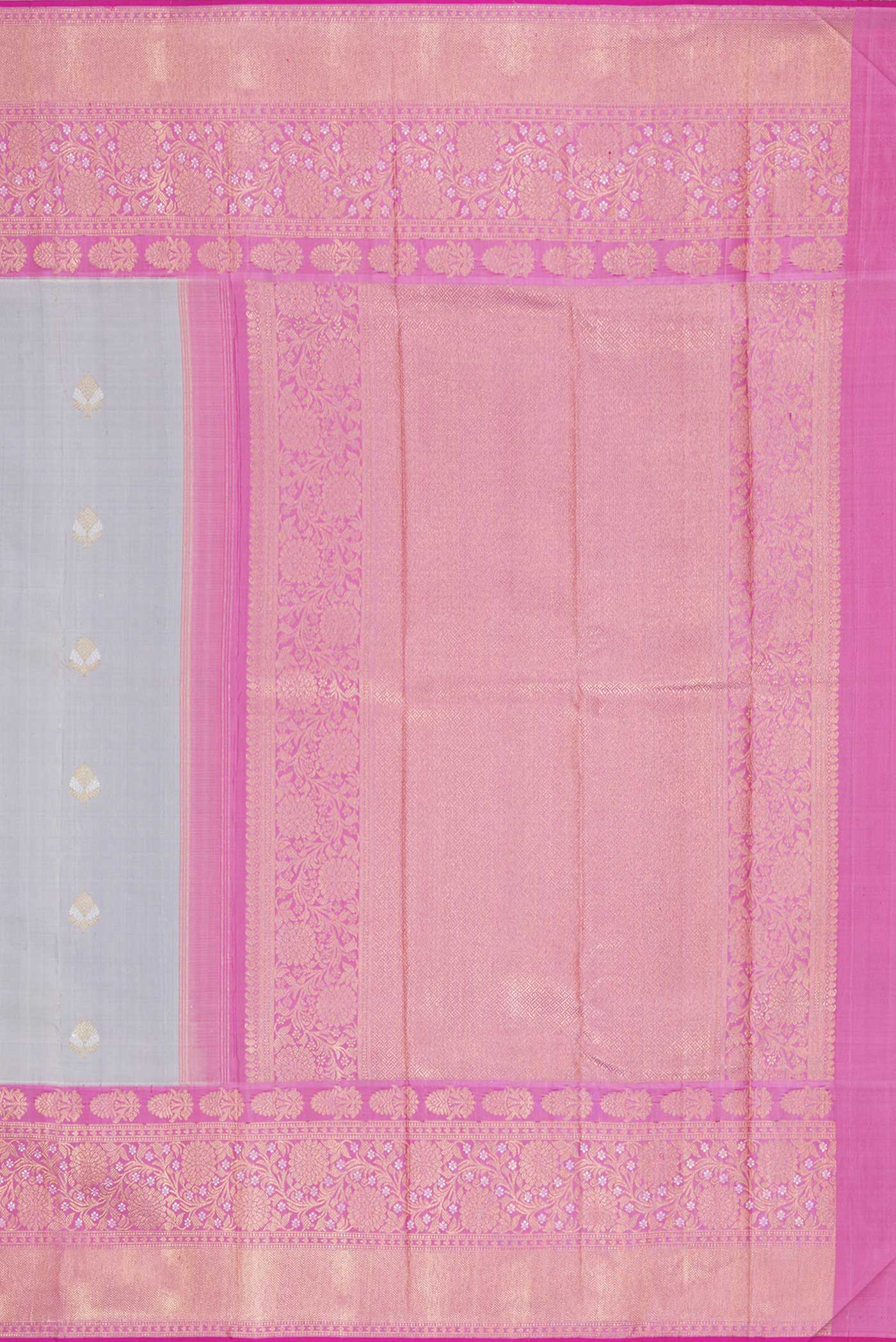 Close up image of the pallu of Pure Silk Pure Zari Grey Dual Tone Kanchipuram Saree with Zari Butta on the body and Zari Border