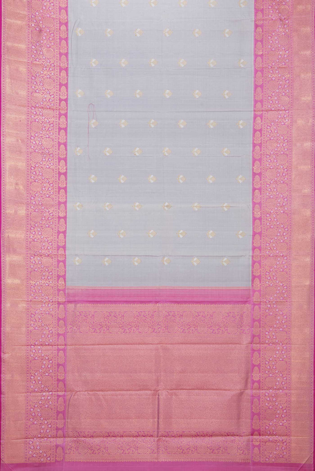 Flat view of Pure Silk Pure Zari Grey Dual Tone Kanchipuram Saree with Zari Butta on the body and Zari Border
