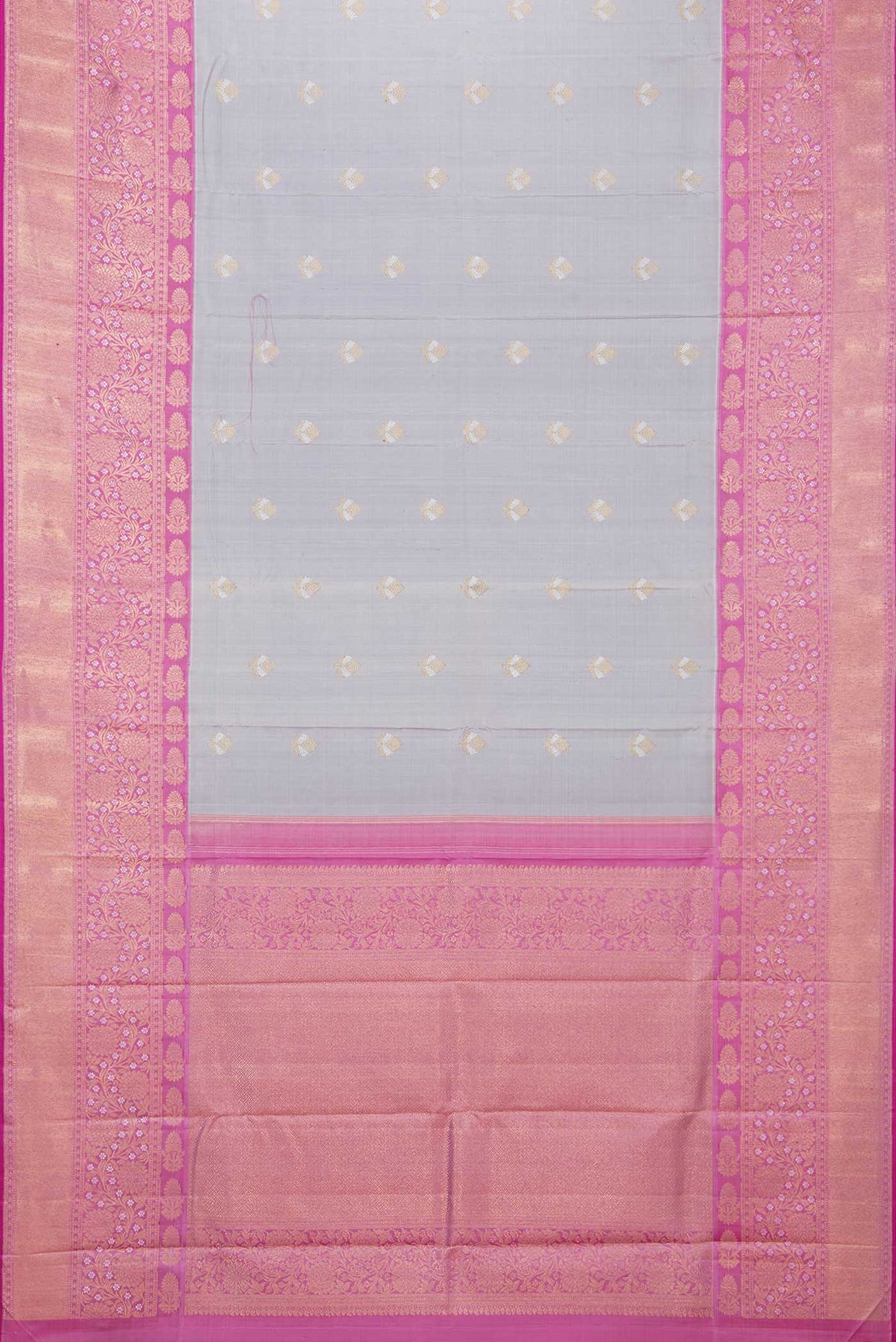 Flat view of Pure Silk Pure Zari Grey Dual Tone Kanchipuram Saree with Zari Butta on the body and Zari Border