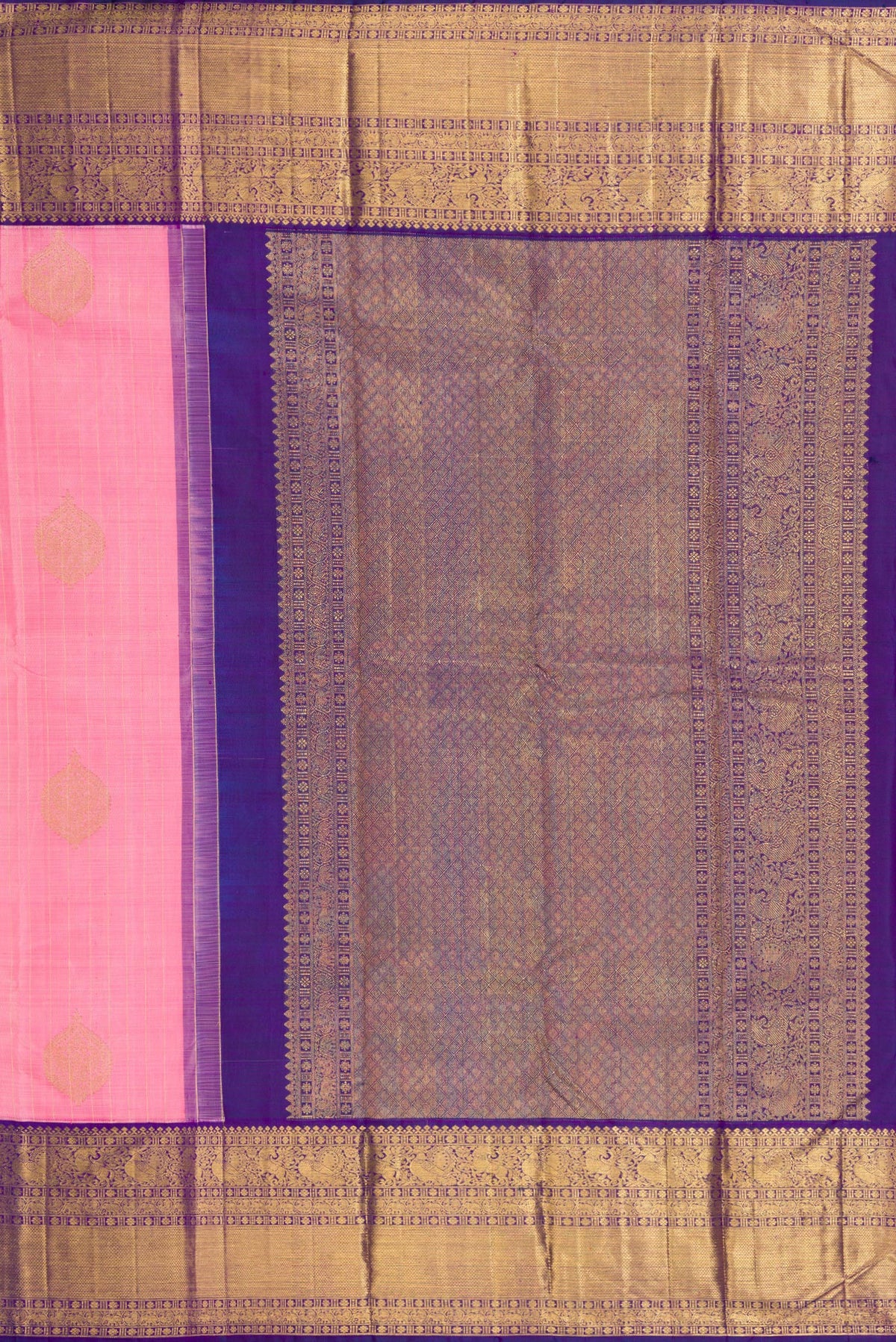 Close up image of the pallu of Pure Silk Pure Zari Rose pink Kanjivaram Saree with Zari Butta on the body and Fancy Border. 