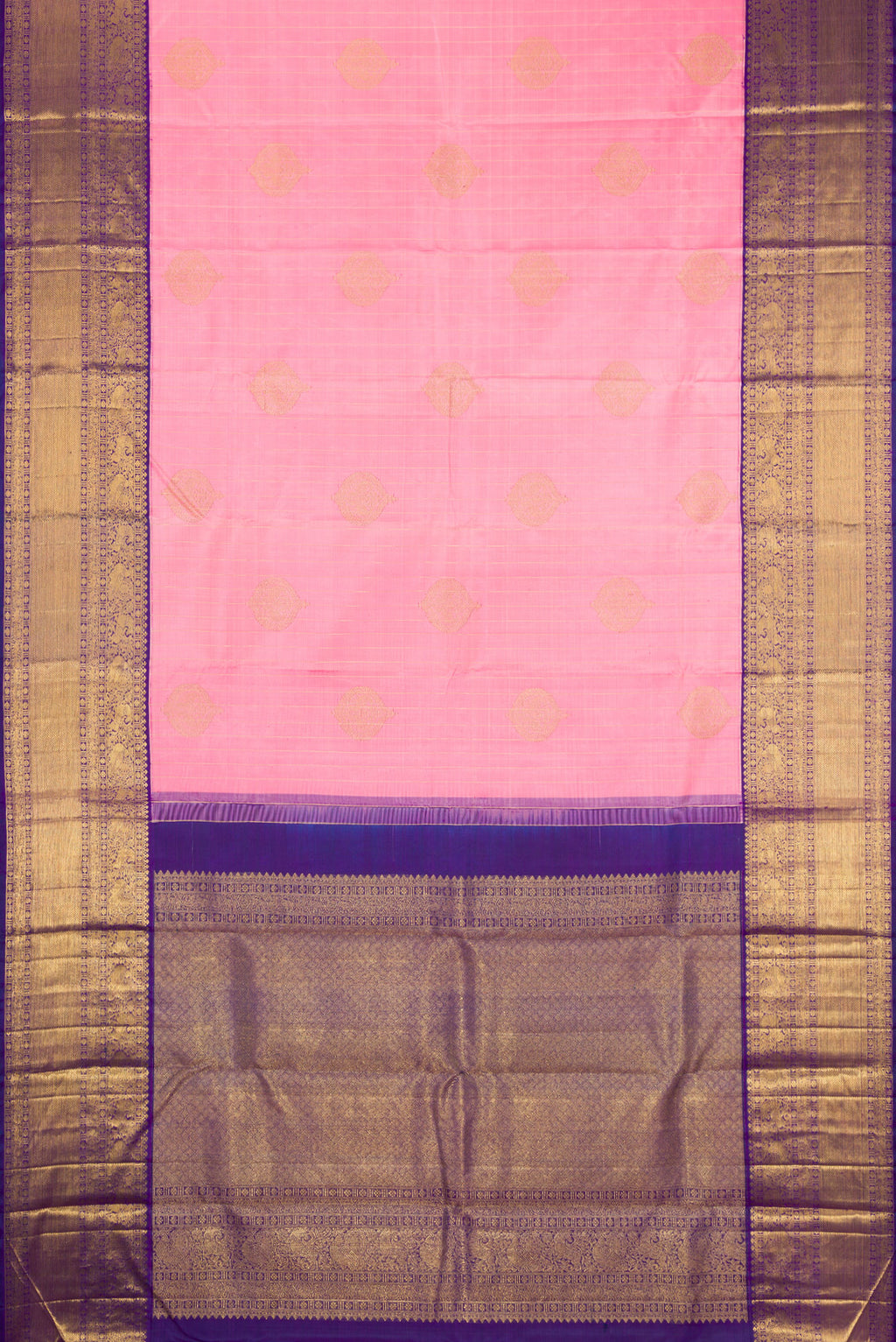 Flat view of Pure Silk Pure Zari Rose pink Kanjivaram Saree with Zari Butta on the body and Fancy Border. 