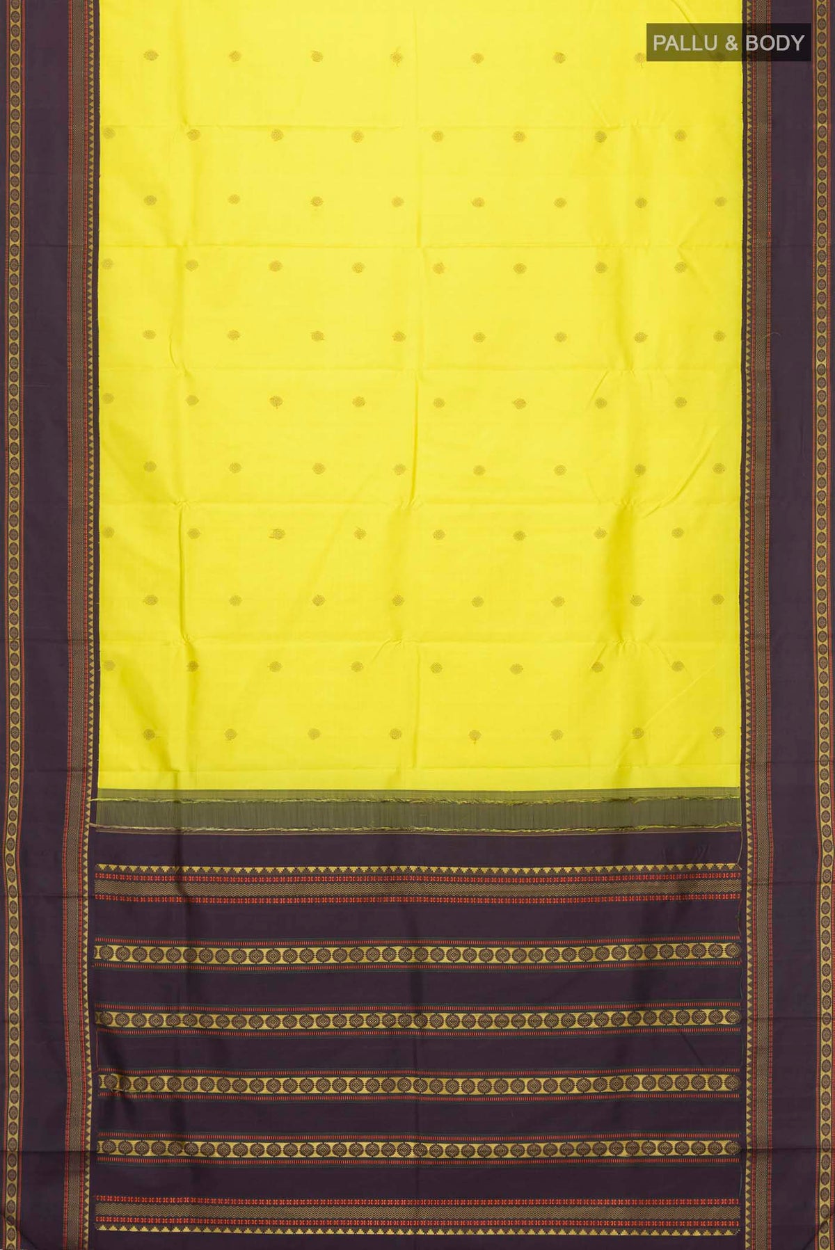 Flat view of Yellow Kanchipuram Silk Saree with Thread Butta on the body and Thread Border
