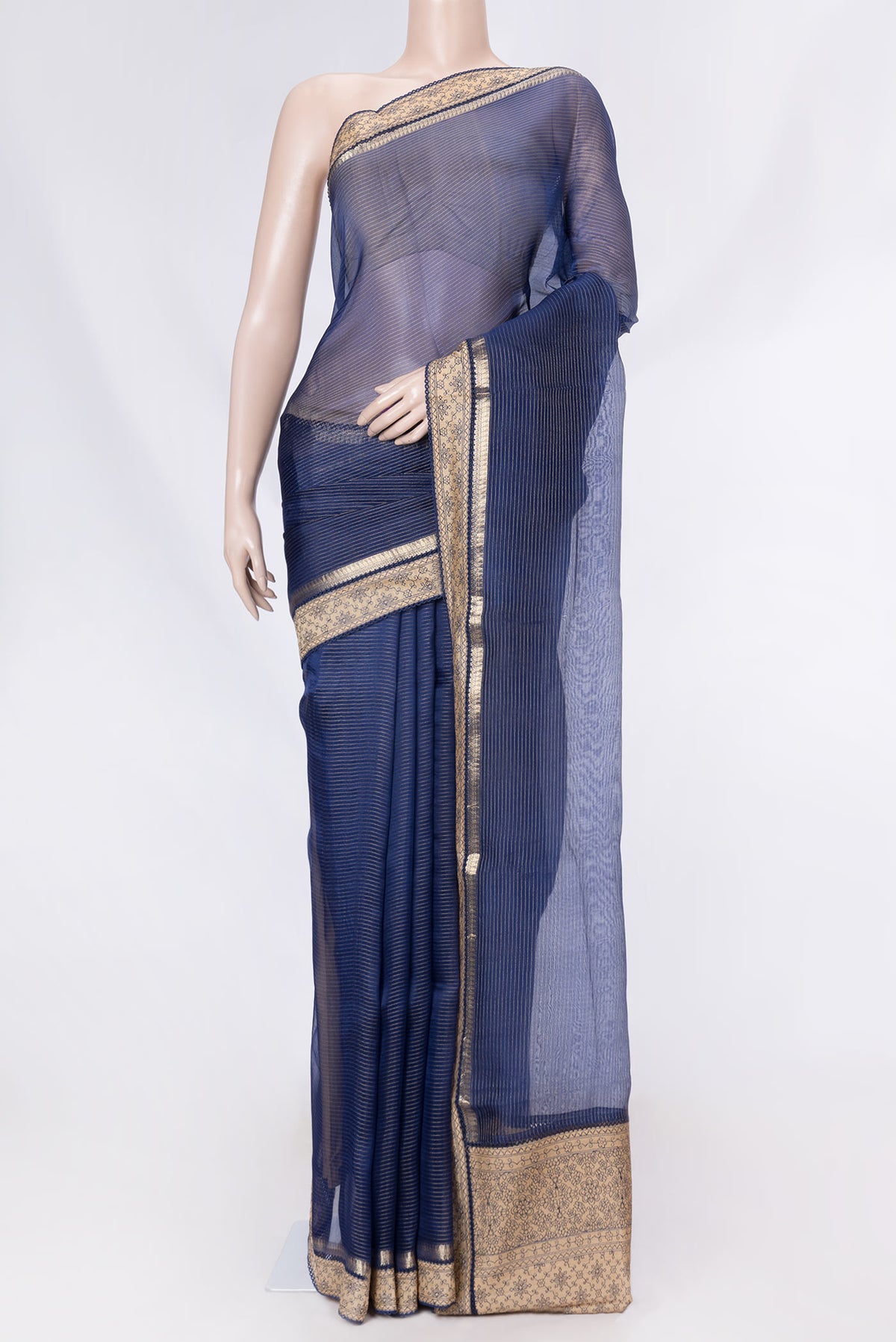 Navy Blue Dual Tone Organza Silk Saree with Stripes on the body and Embroidery Border displayed on a mannequin