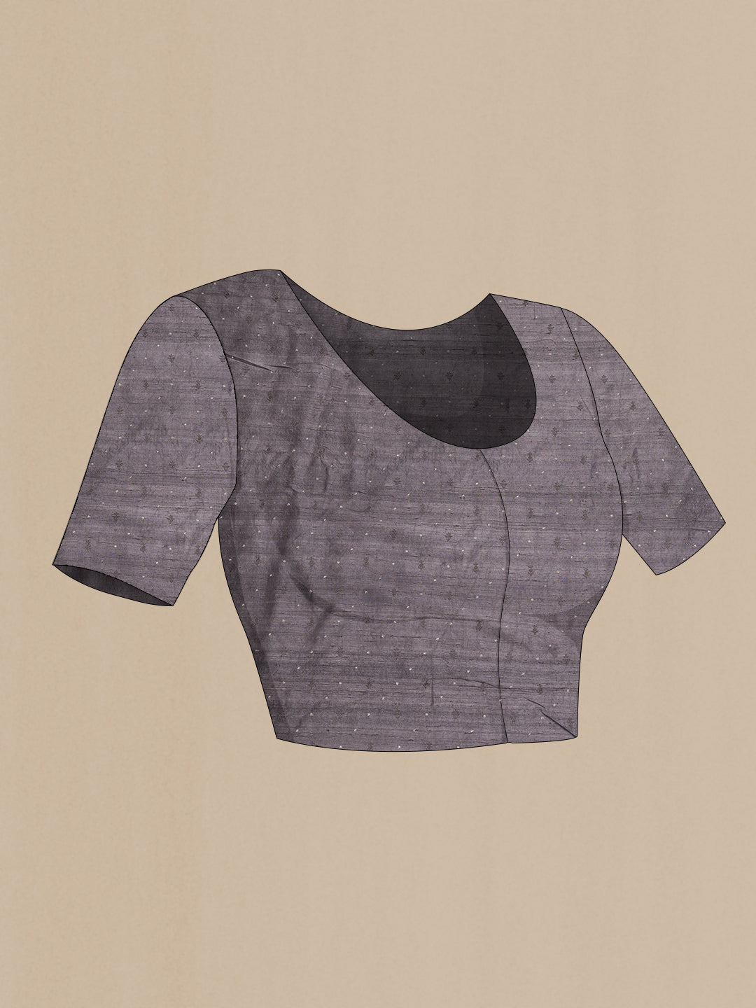 Close up image of the blouse of Silver Dual Tone Organza Silk Saree with Zari Brocade on the body and Embroidery Border. 