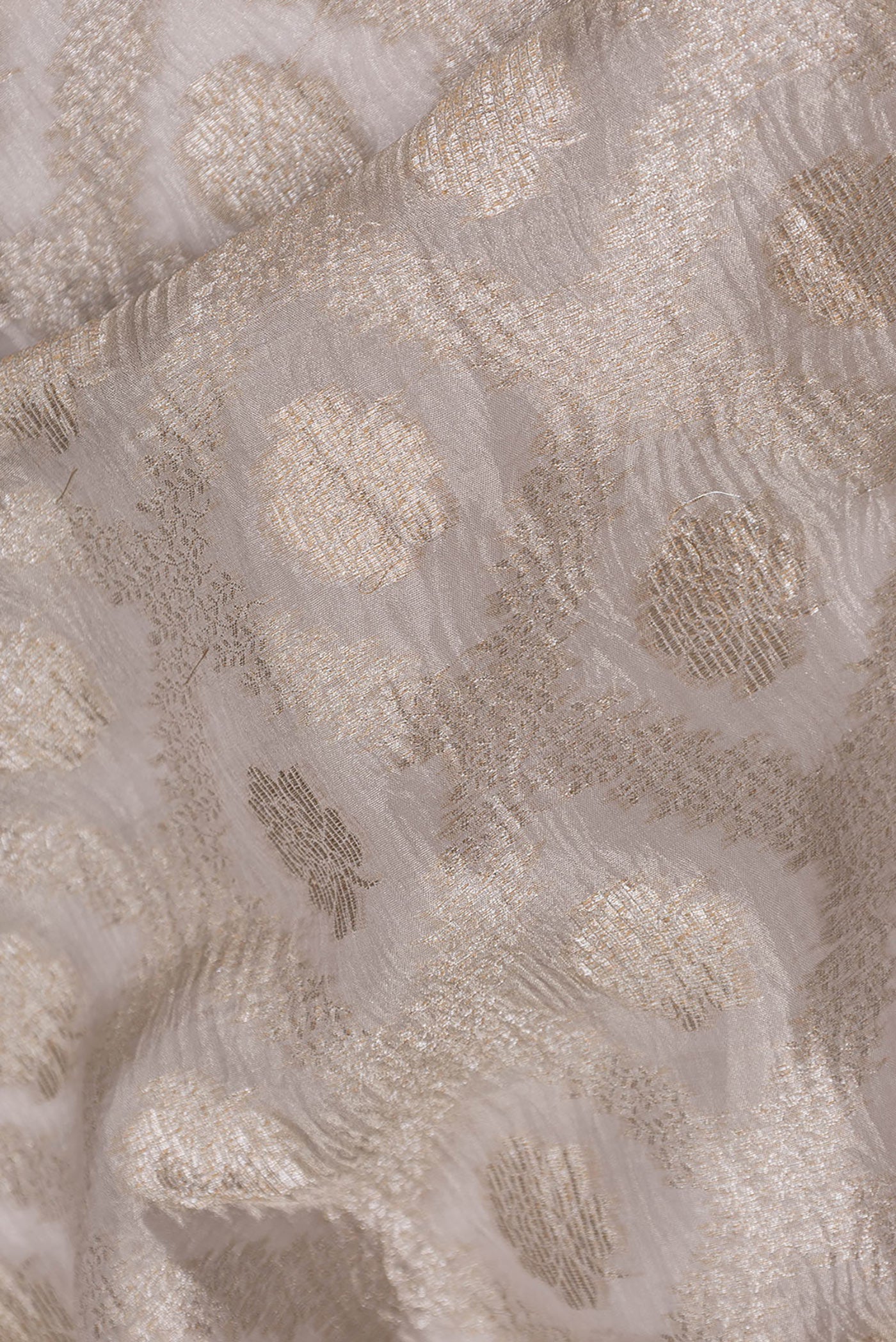 Close up of Silver Dual Tone Organza Silk Saree with Zari Brocade on the body and Embroidery Border.  displaying folds