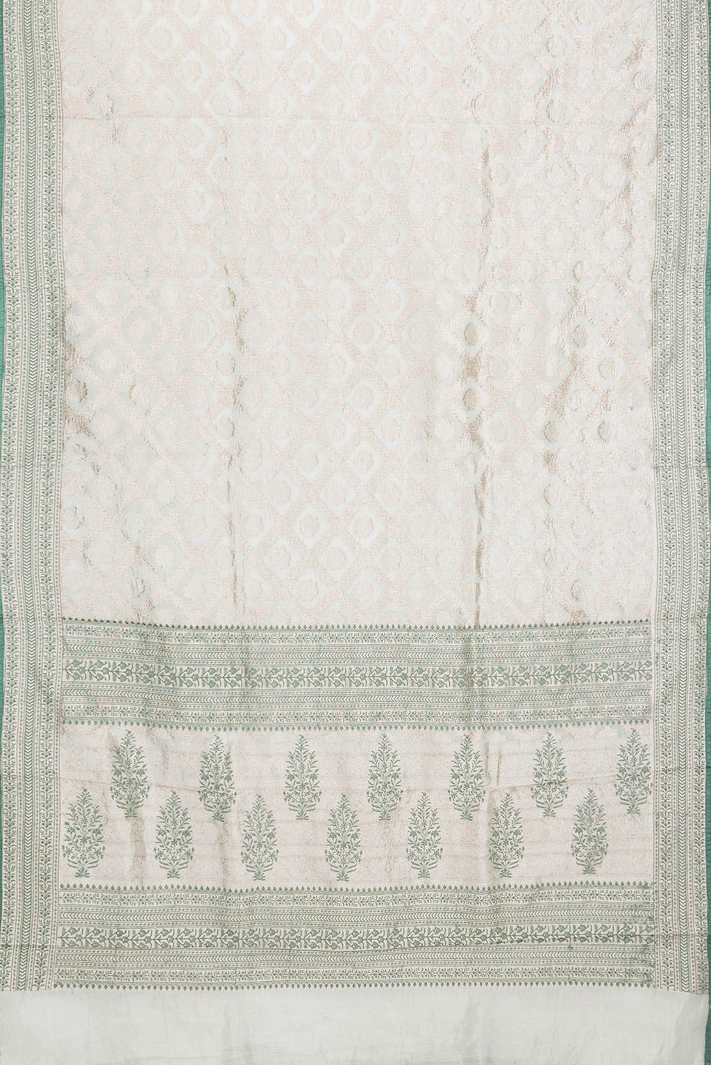 Flat view of Pista Green Dual Tone Organza Silk Saree with Zari Brocade on the body and Embroidery Border. 