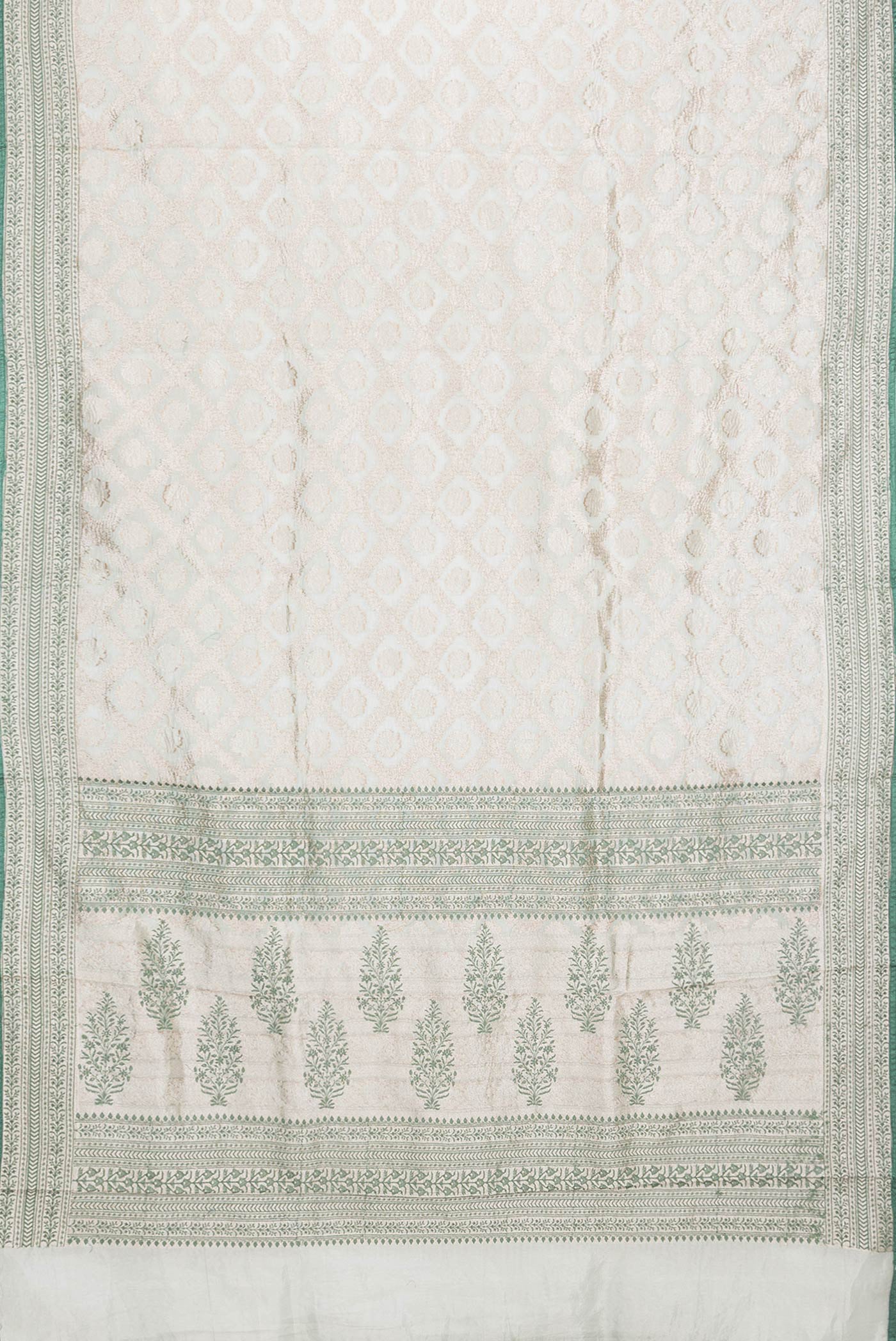 Flat view of Pista Green Dual Tone Organza Silk Saree with Zari Brocade on the body and Embroidery Border. 