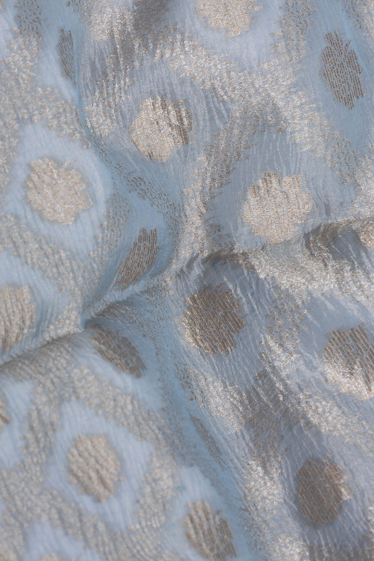 Close up of Light Blue Dual Tone Organza Silk Saree with Zari Brocade on the body and Embroidery Border.  displaying folds
