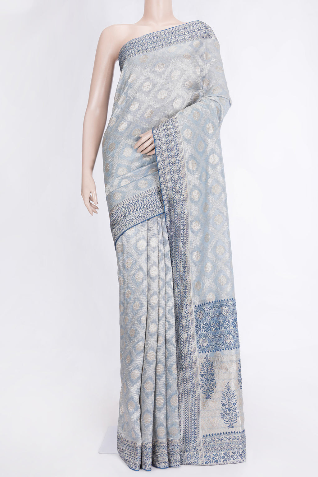 Light Blue Dual Tone Organza Silk Saree with Zari Brocade on the body and Embroidery Border.  displayed on a mannequin