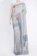 Light Blue Dual Tone Organza Silk Saree with Zari Brocade on the body and Embroidery Border.  displayed on a mannequin