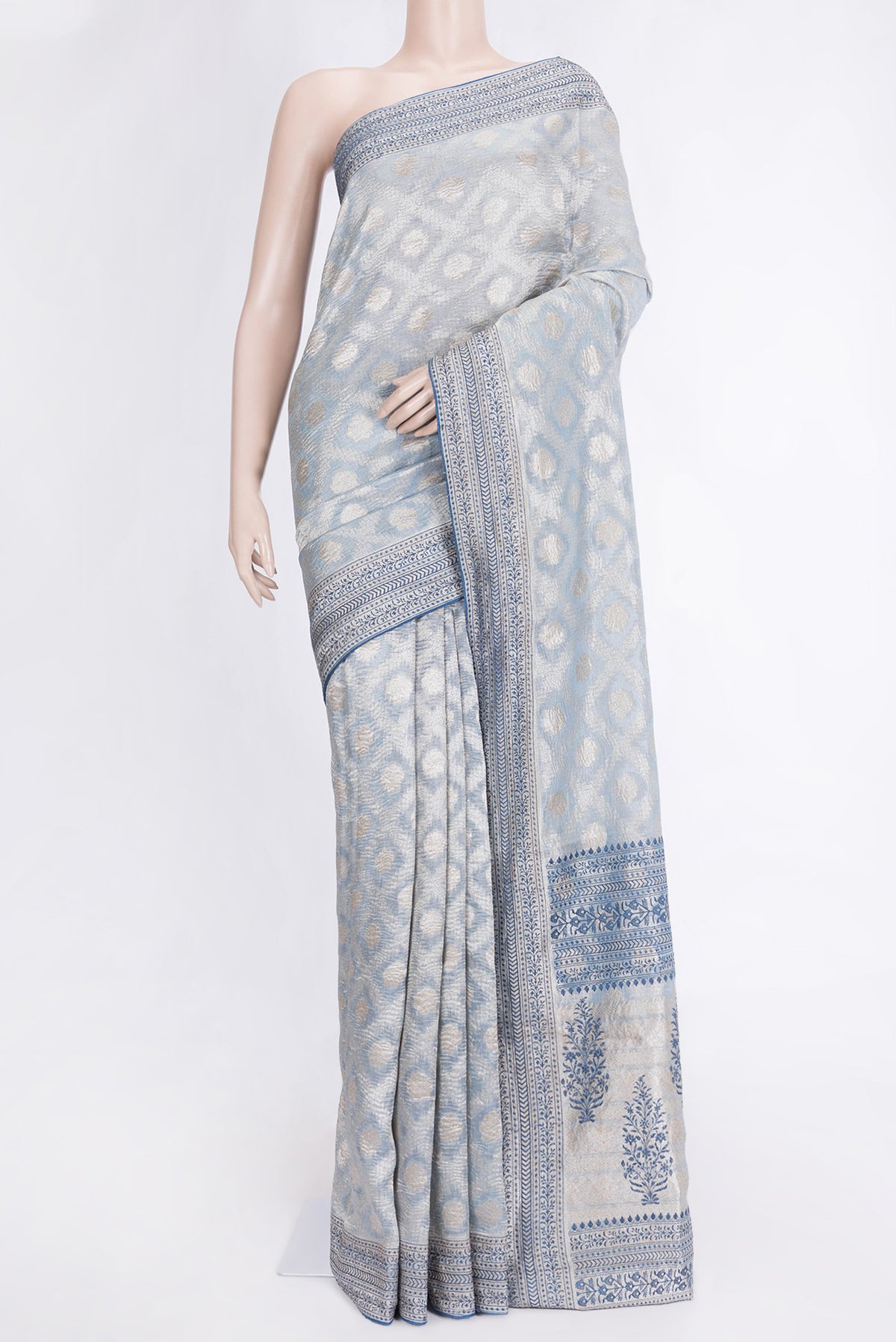 Light Blue Dual Tone Organza Silk Saree with Zari Brocade on the body and Embroidery Border.  displayed on a mannequin
