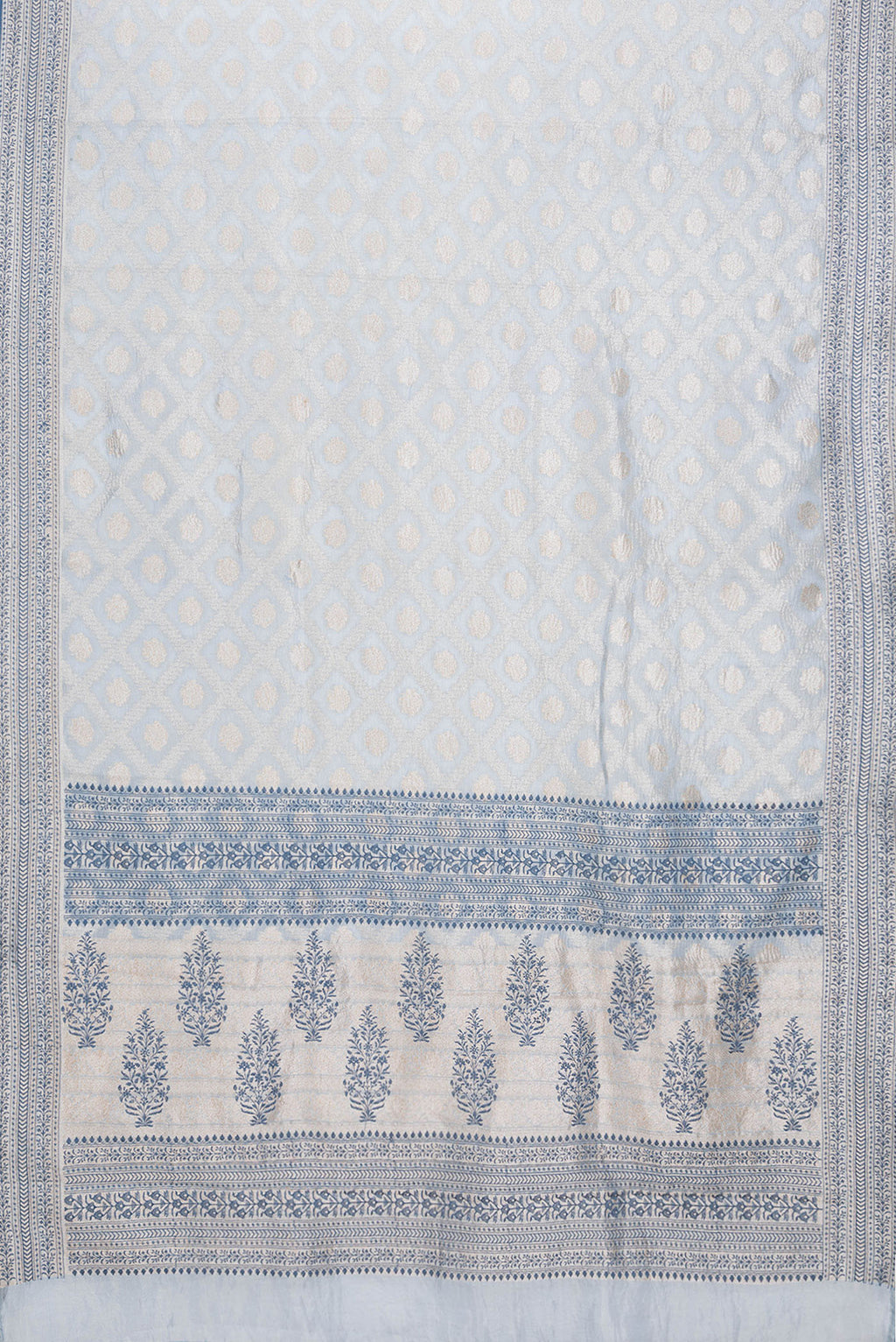 Flat view of Light Blue Dual Tone Organza Silk Saree with Zari Brocade on the body and Embroidery Border. 