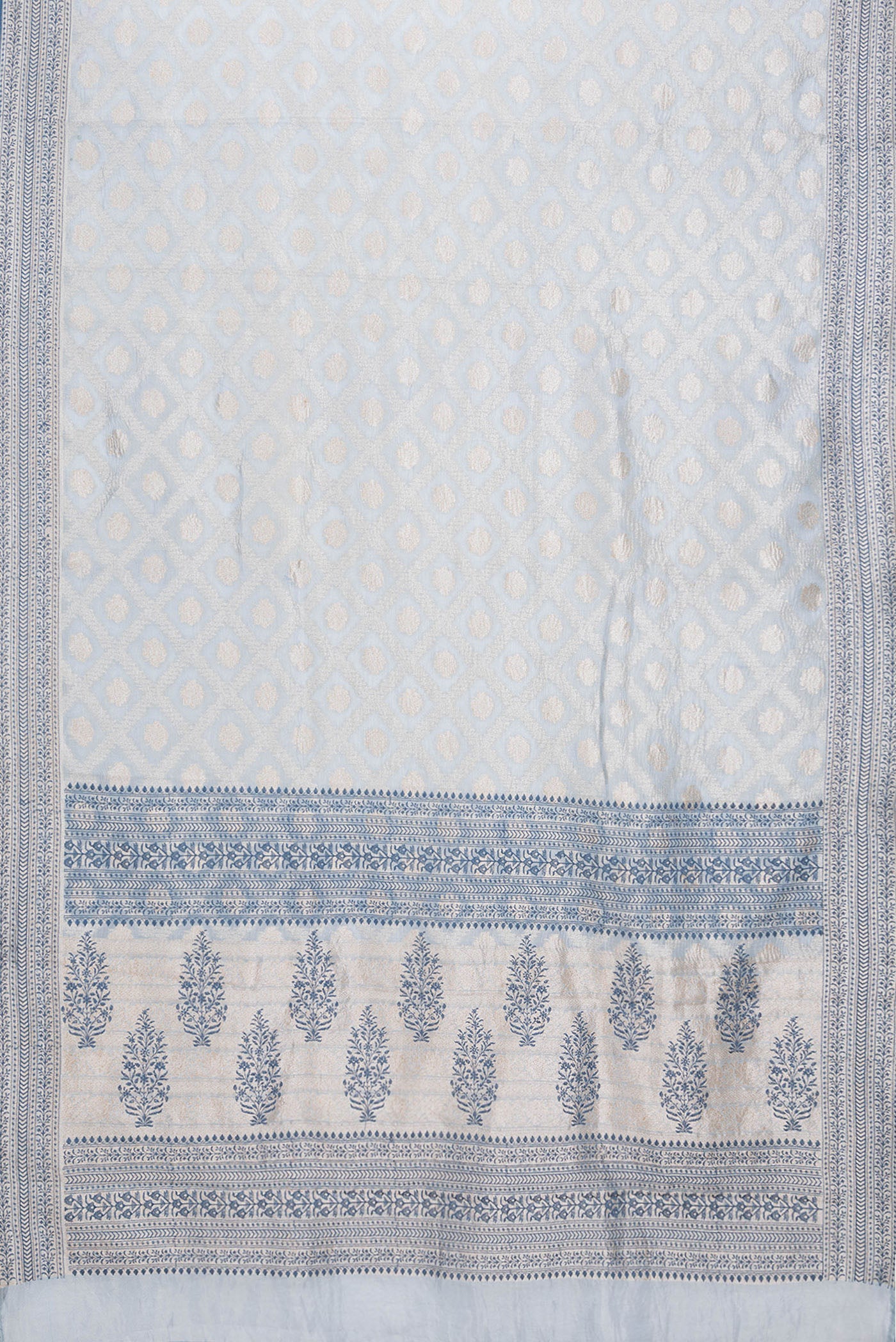 Flat view of Light Blue Dual Tone Organza Silk Saree with Zari Brocade on the body and Embroidery Border. 