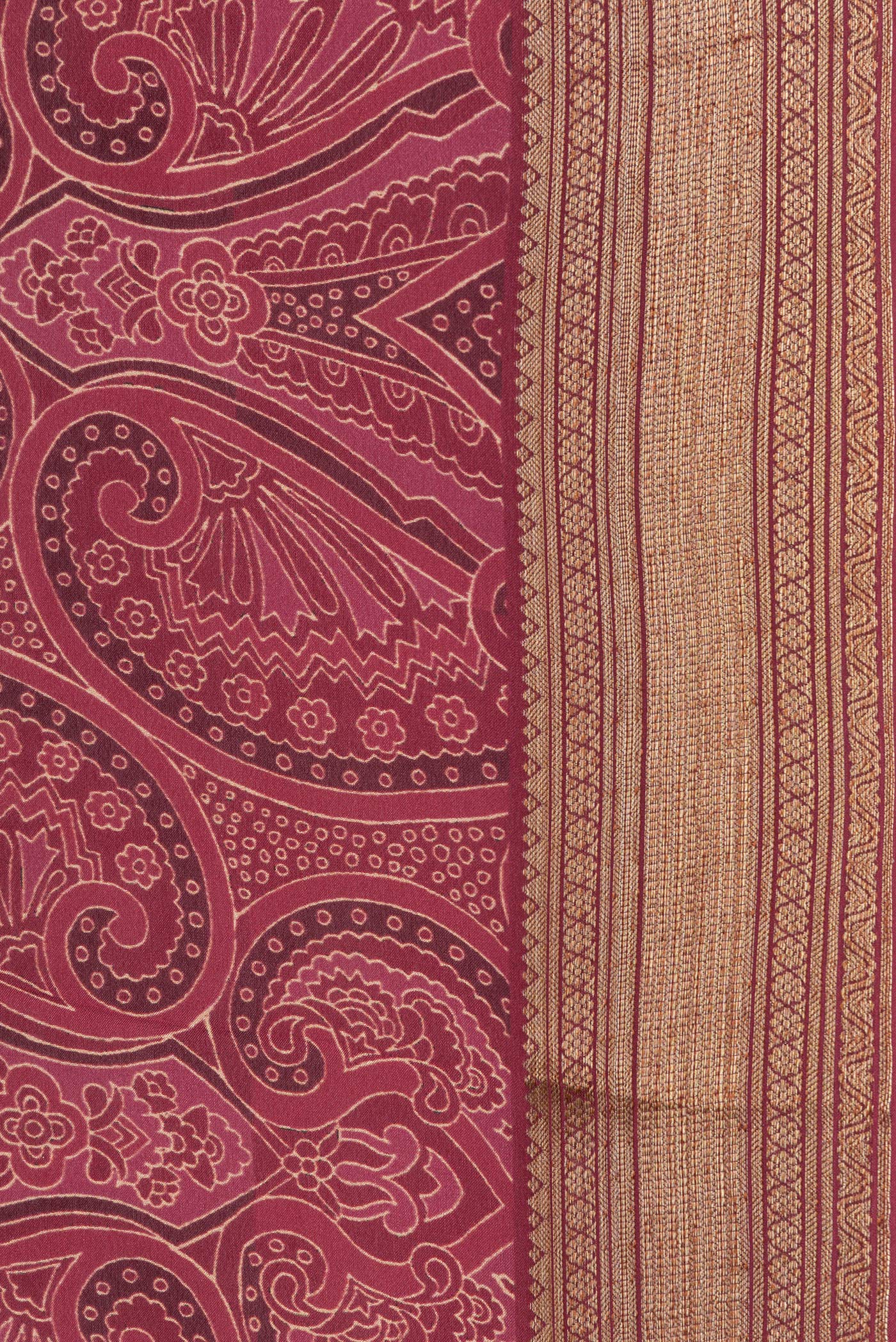 Border image of Maroon Dual Tone Mysore Crepe Saree with Printed design on the body and Zari Border. 