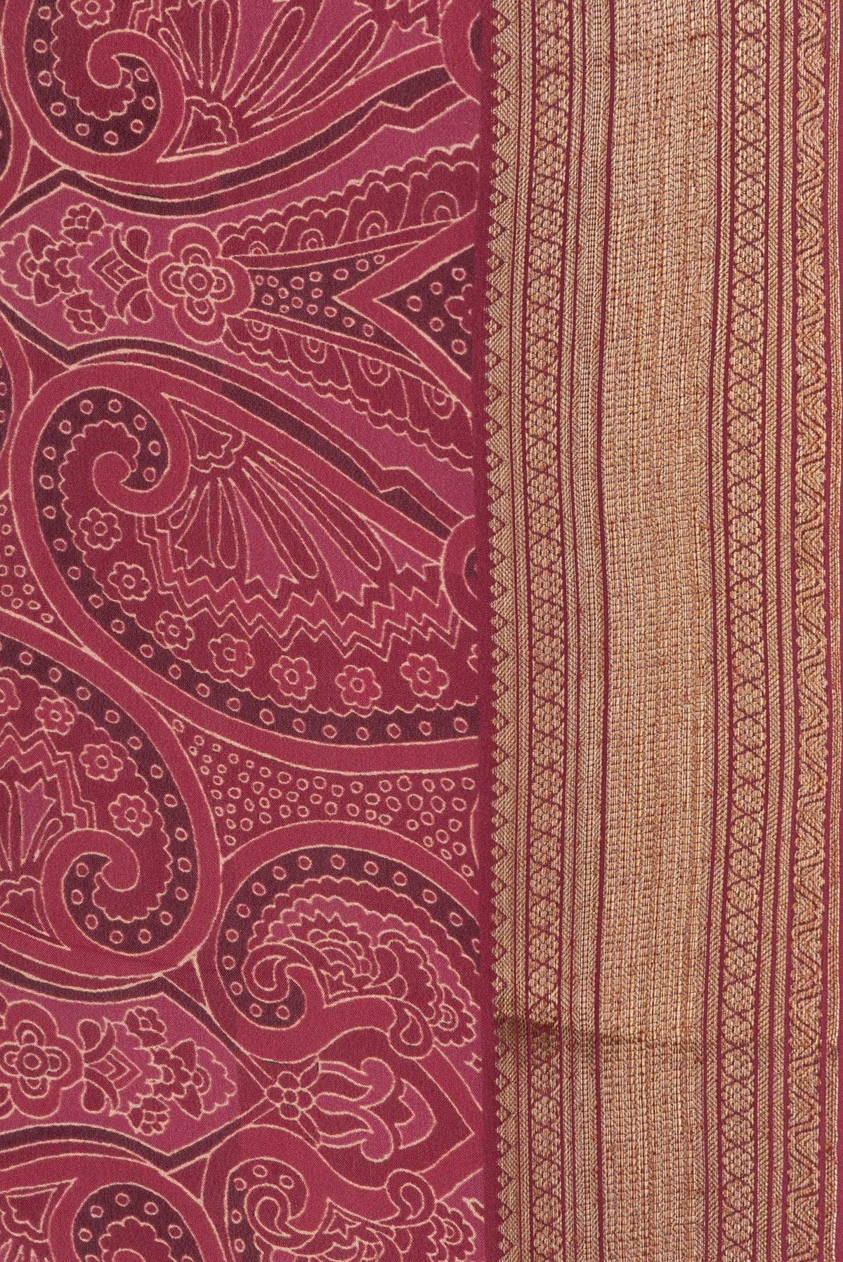 Border image of Maroon Dual Tone Mysore Crepe Saree with Printed design on the body and Zari Border. 