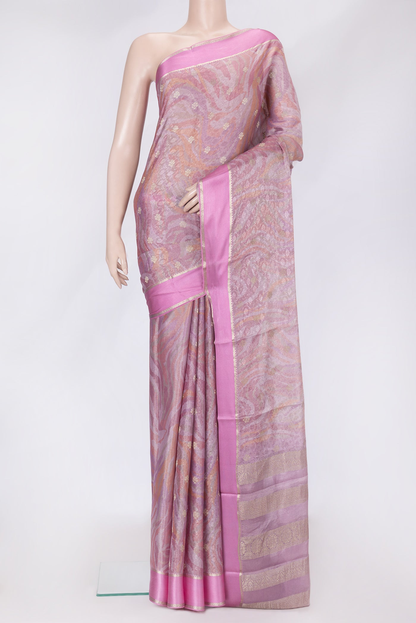 Lavender Dual Tone Mysore Georgette Saree with Printed design on the body and Fancy Border.  displayed on a mannequin