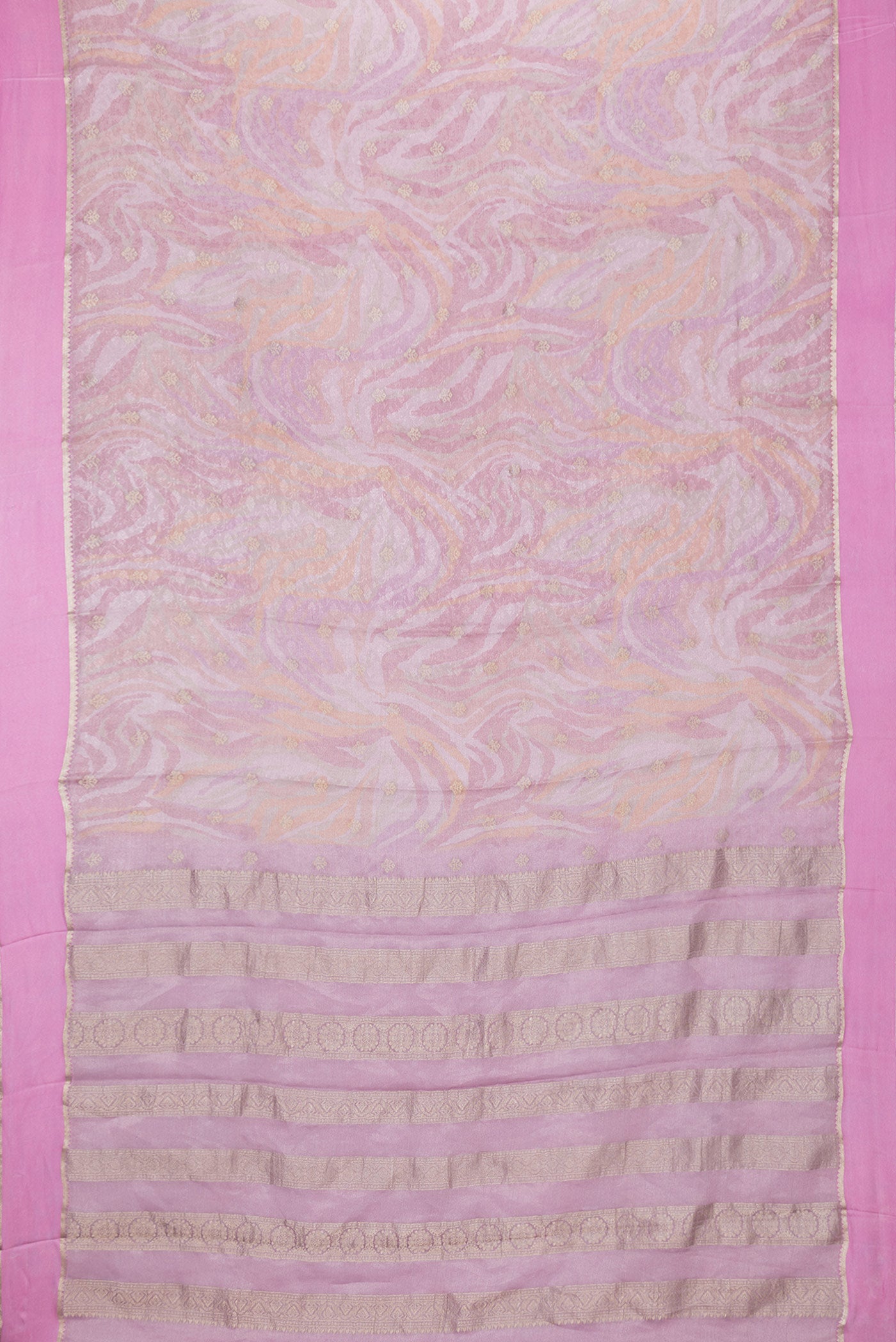 Flat view of Lavender Dual Tone Mysore Georgette Saree with Printed design on the body and Fancy Border. 