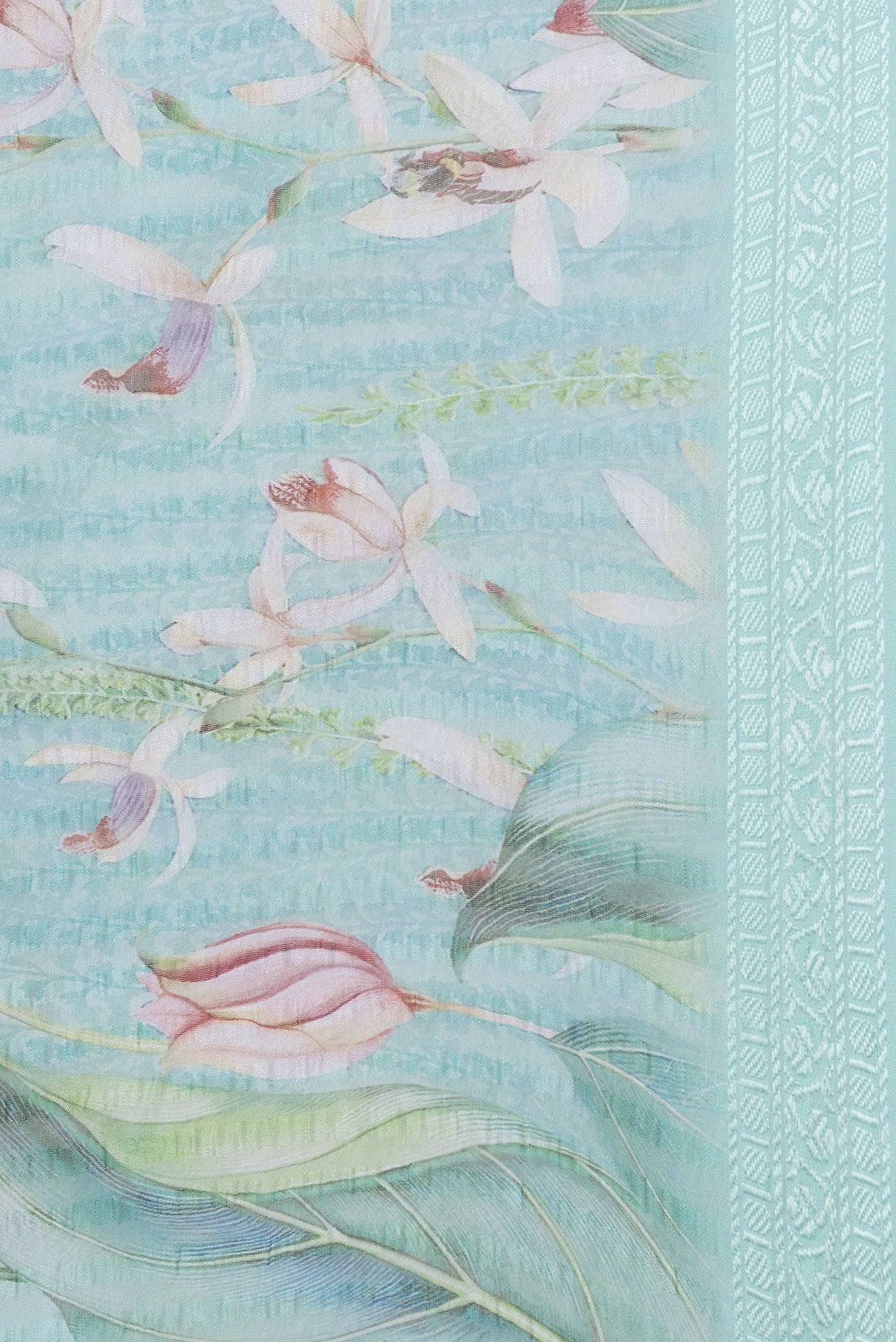 Border image of Sky Blue Dual Tone Mysore Chiffon Saree with Printed design on the body and Thread Border. 