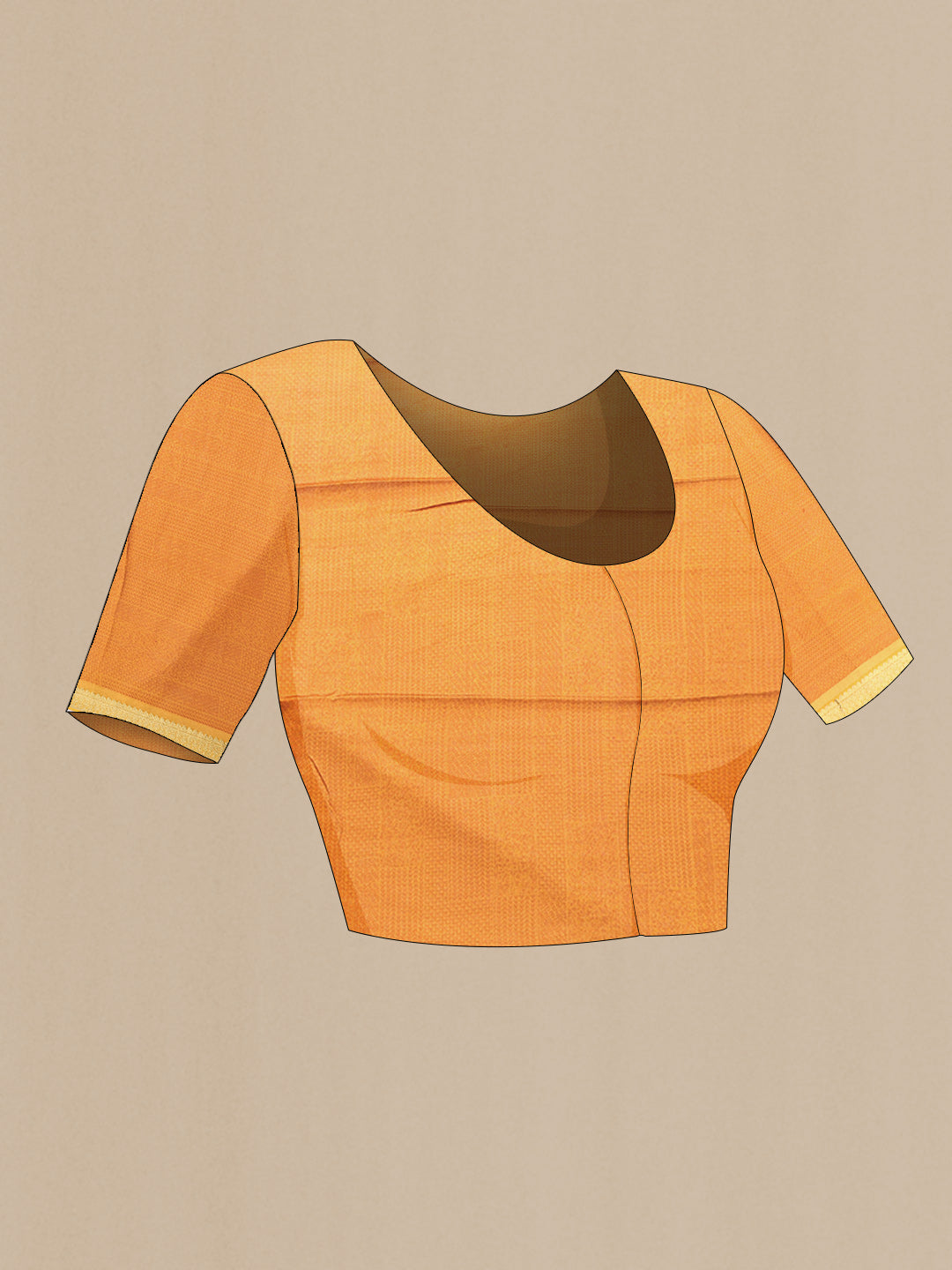 Close up image of the blouse of Mustard Dual Tone Mysore Crepe Saree with Printed design on the body and Zari Border. 