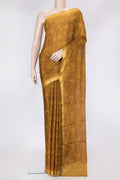 Mustard Dual Tone Mysore Crepe Saree with Printed design on the body and Zari Border.  displayed on a mannequin