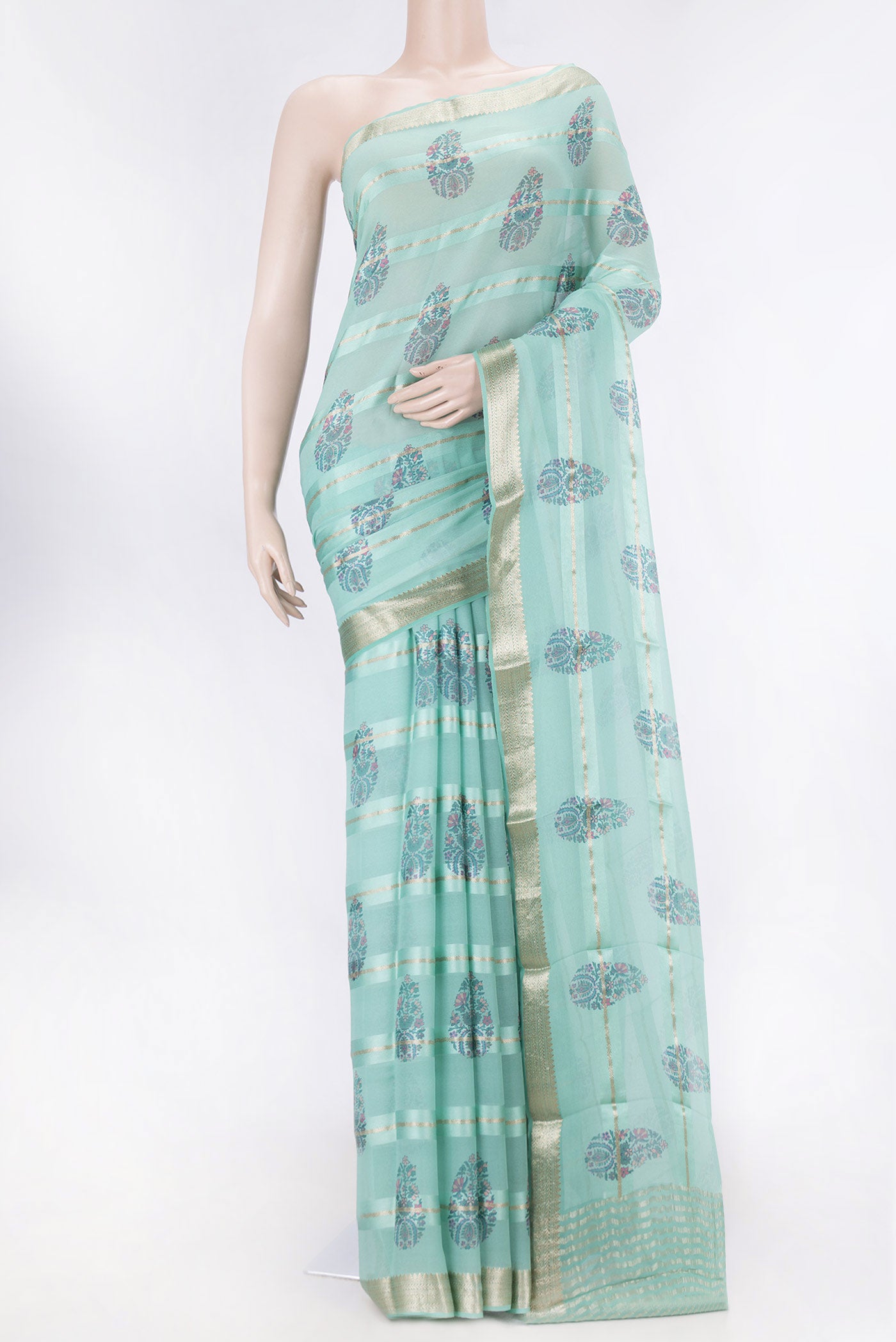 Sea Green Dual Tone Mysore Georgette SareePrinted design on the body and Zari Border displayed on a mannequin