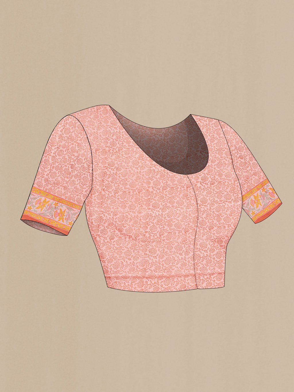 Close up image of the blouse of Rose Gold Mysore Chiffon Saree with Printed design on the body and Zari Border. 