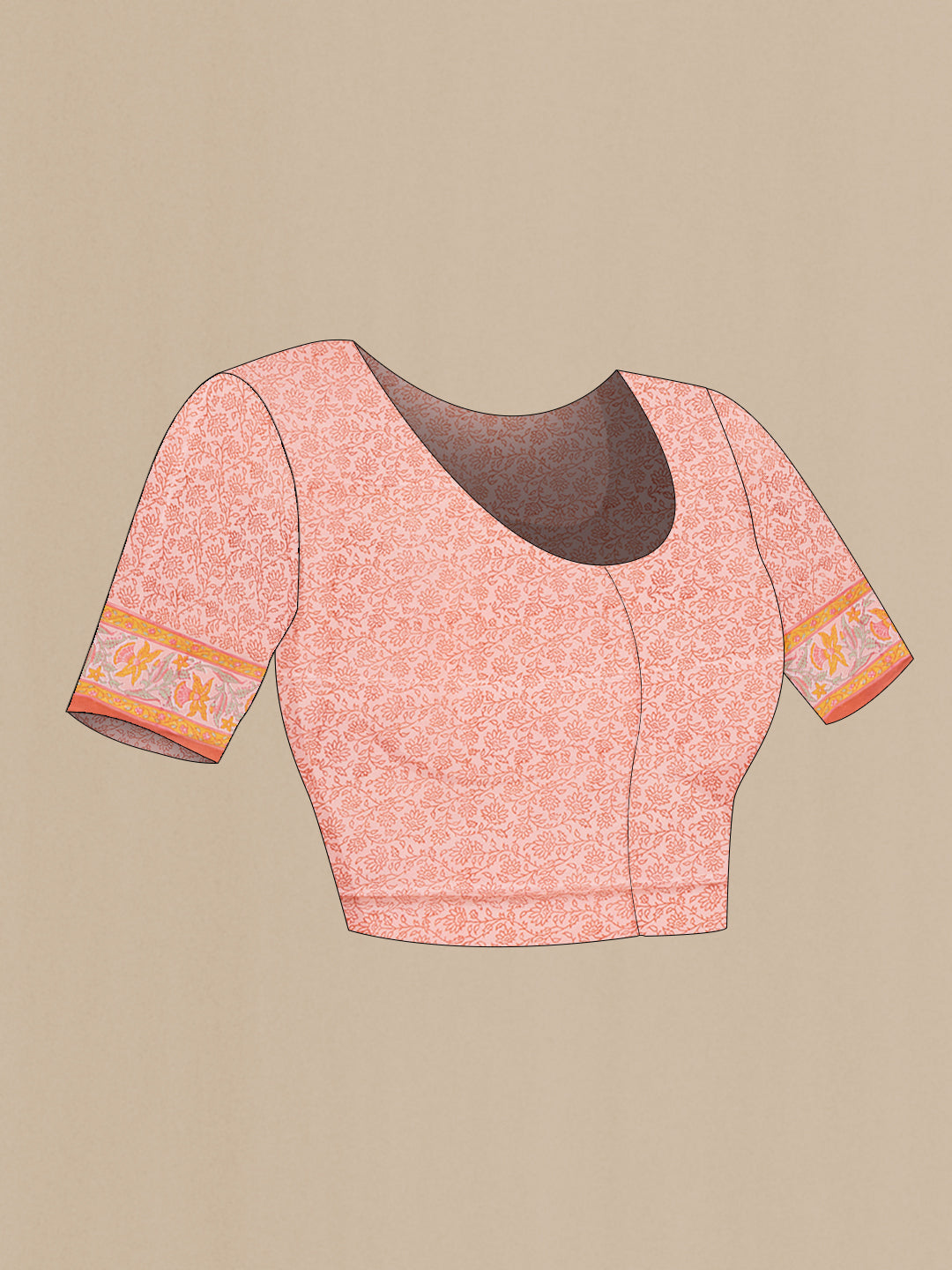 Close up image of the blouse of Rose Gold Mysore Chiffon Saree with Printed design on the body and Zari Border. 
