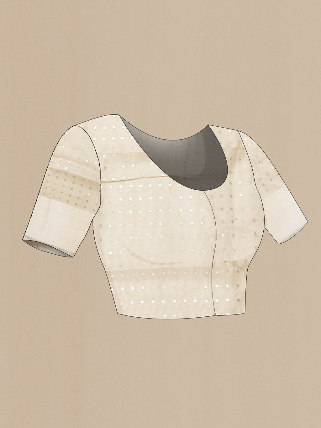 Close up image of the blouse of Beige Dual Tone Tussar Silk Saree with Plain Body and Printed Border. 
