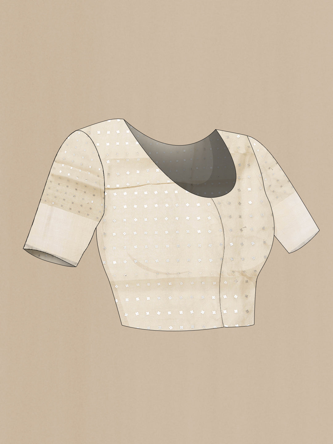 Close up image of the blouse of Beige Dual Tone Tussar Silk Saree with Plain Body and Printed Border. 