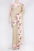 Beige Dual Tone Tussar Silk Saree with Plain Body and Printed Border.  displayed on a mannequin