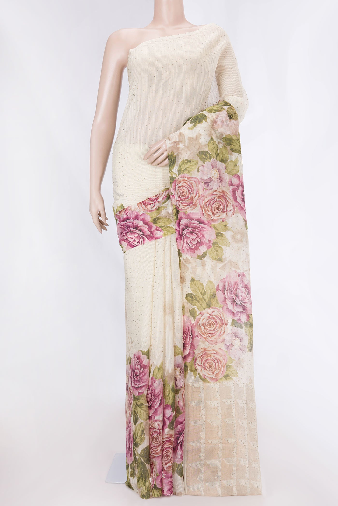 Beige Dual Tone Tussar Saree with Embroidery on the body and Without Border displayed on a mannequin