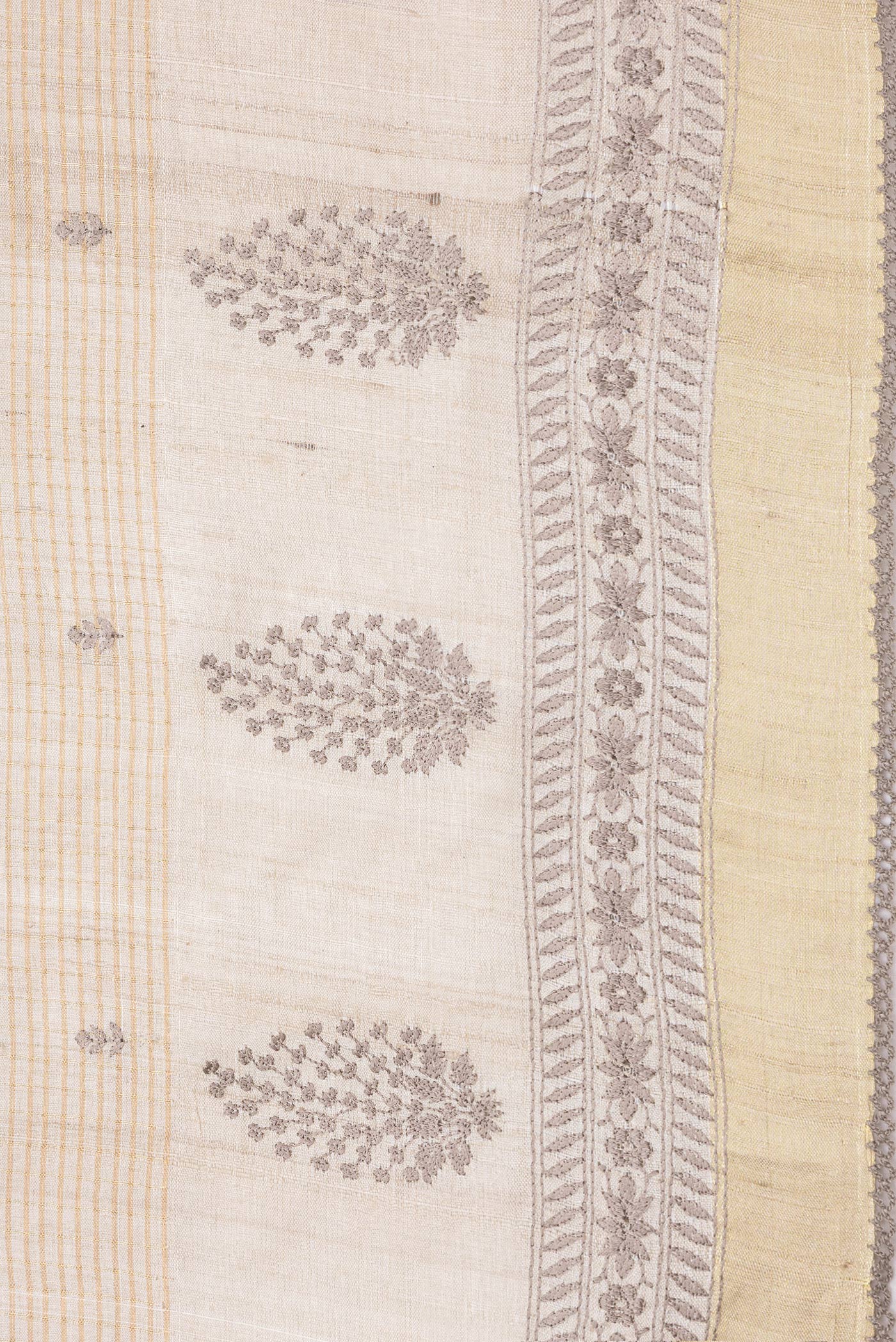 Border image of Beige Dual Tone Tussar Silk Saree with Checked design on the body and Embroidery Border. 
