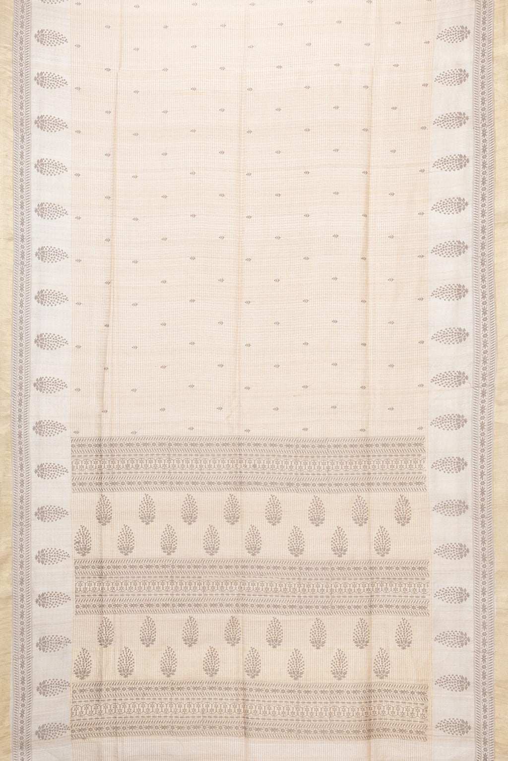 Flat view of Beige Dual Tone Tussar Silk Saree with Checked design on the body and Embroidery Border. 