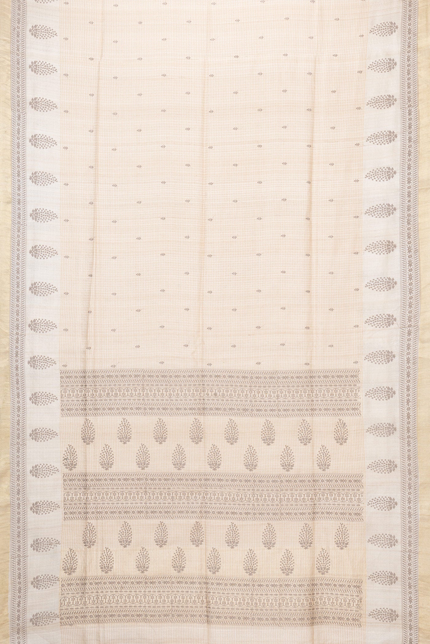 Flat view of Beige Dual Tone Tussar Silk Saree with Checked design on the body and Embroidery Border. 